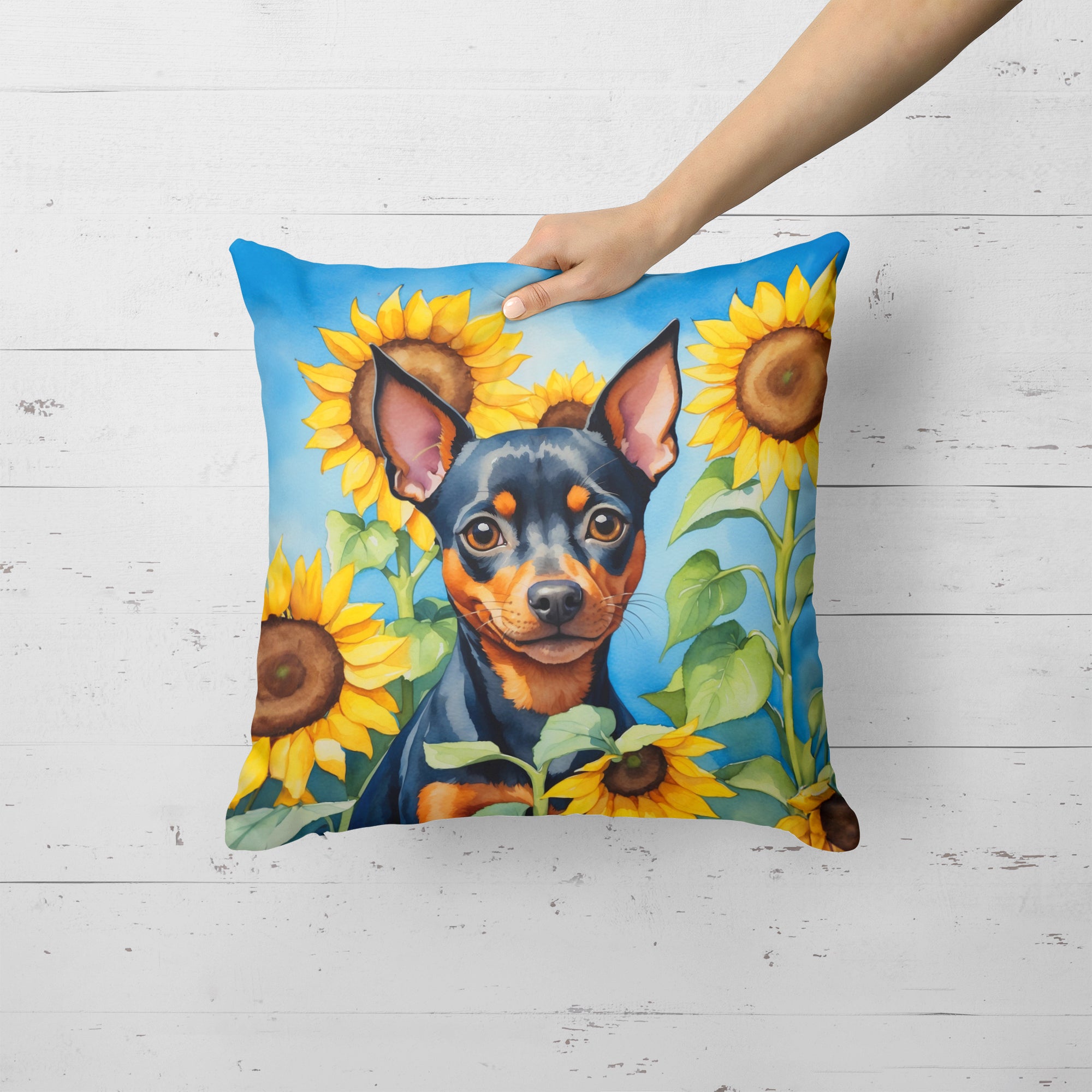 Buy this Miniature Pinscher in Sunflowers Throw Pillow