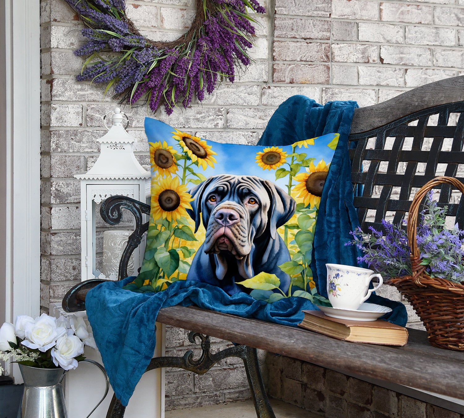 Neapolitan Mastiff in Sunflowers Throw Pillow