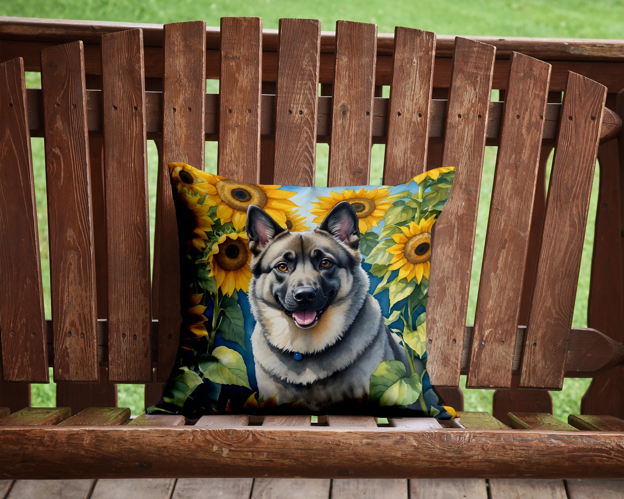 Buy this Norwegian Elkhound in Sunflowers Throw Pillow