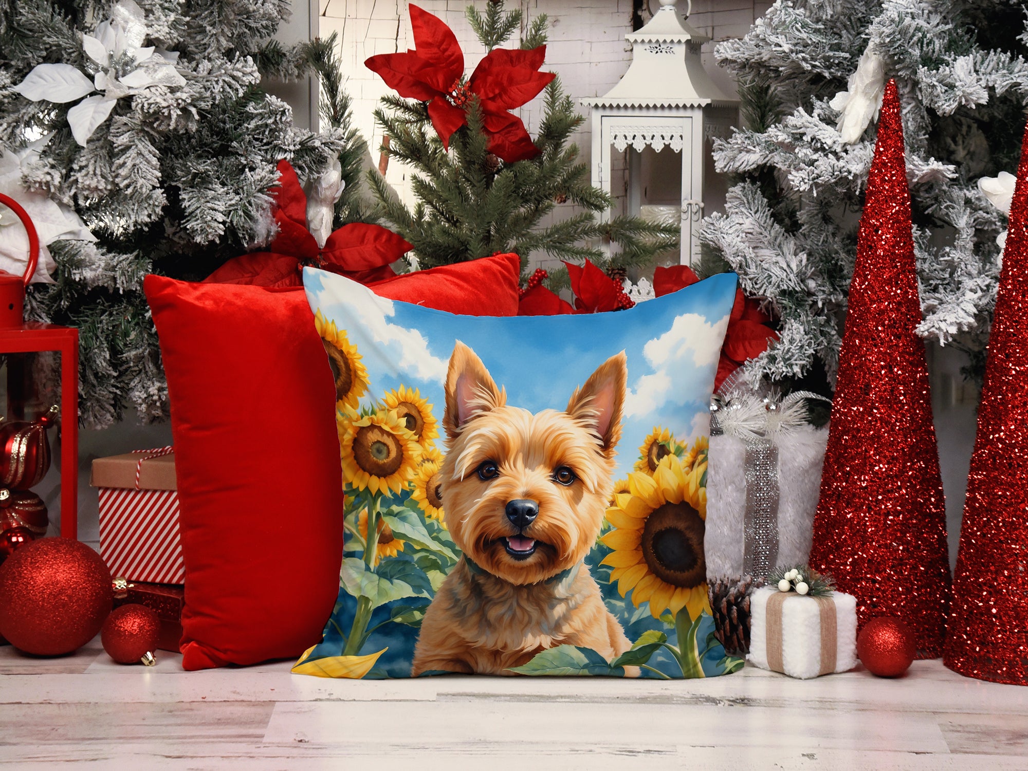 Norwich Terrier in Sunflowers Throw Pillow