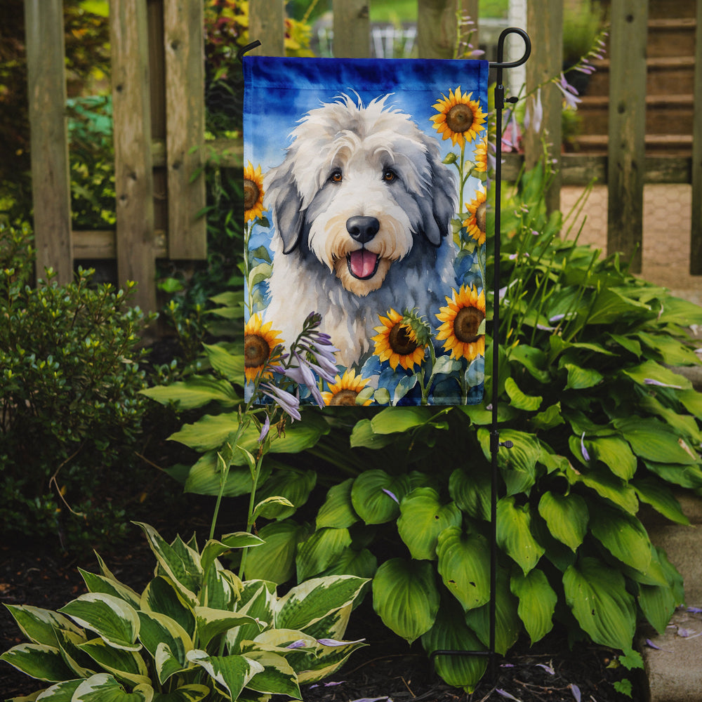 Old English Sheepdog in Sunflowers Garden Flag