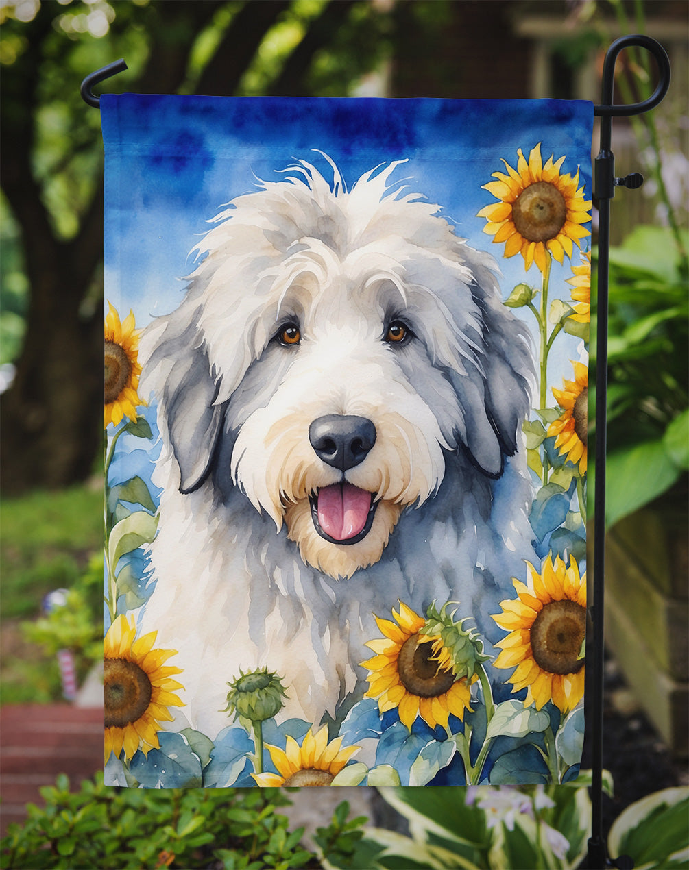 Old English Sheepdog in Sunflowers Garden Flag