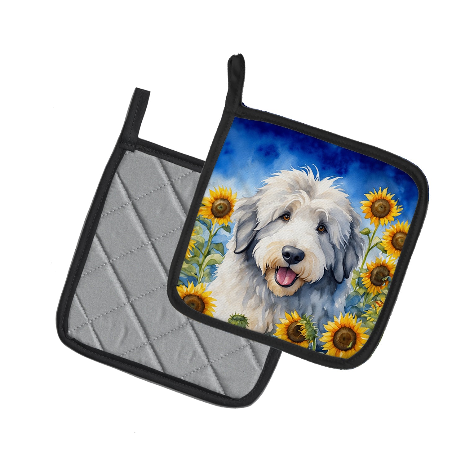 Old English Sheepdog in Sunflowers Pair of Pot Holders