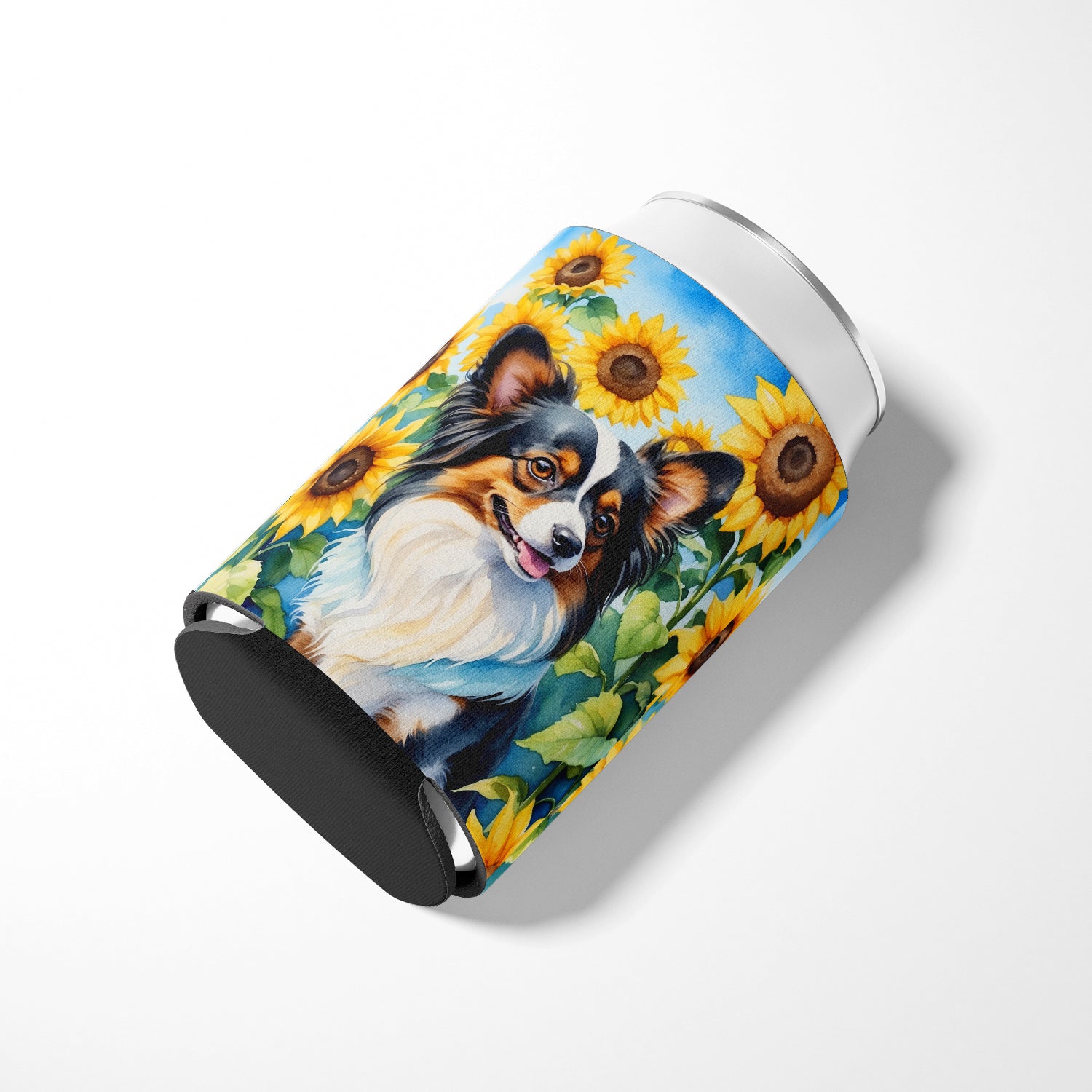 Papillon in Sunflowers Can or Bottle Hugger