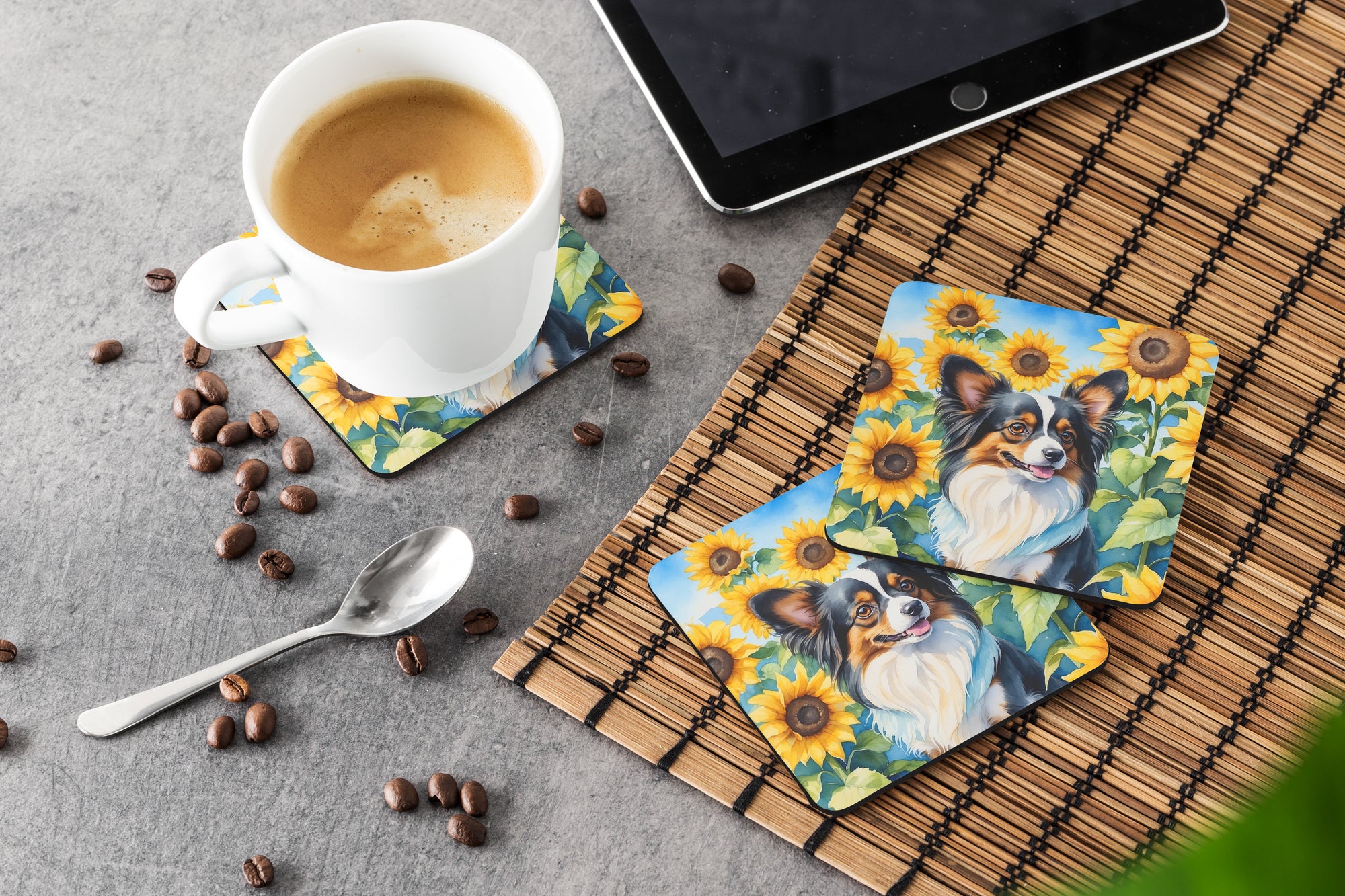 Papillon in Sunflowers Foam Coasters