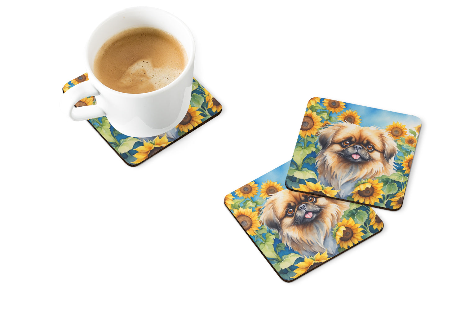 Pekingese in Sunflowers Foam Coasters