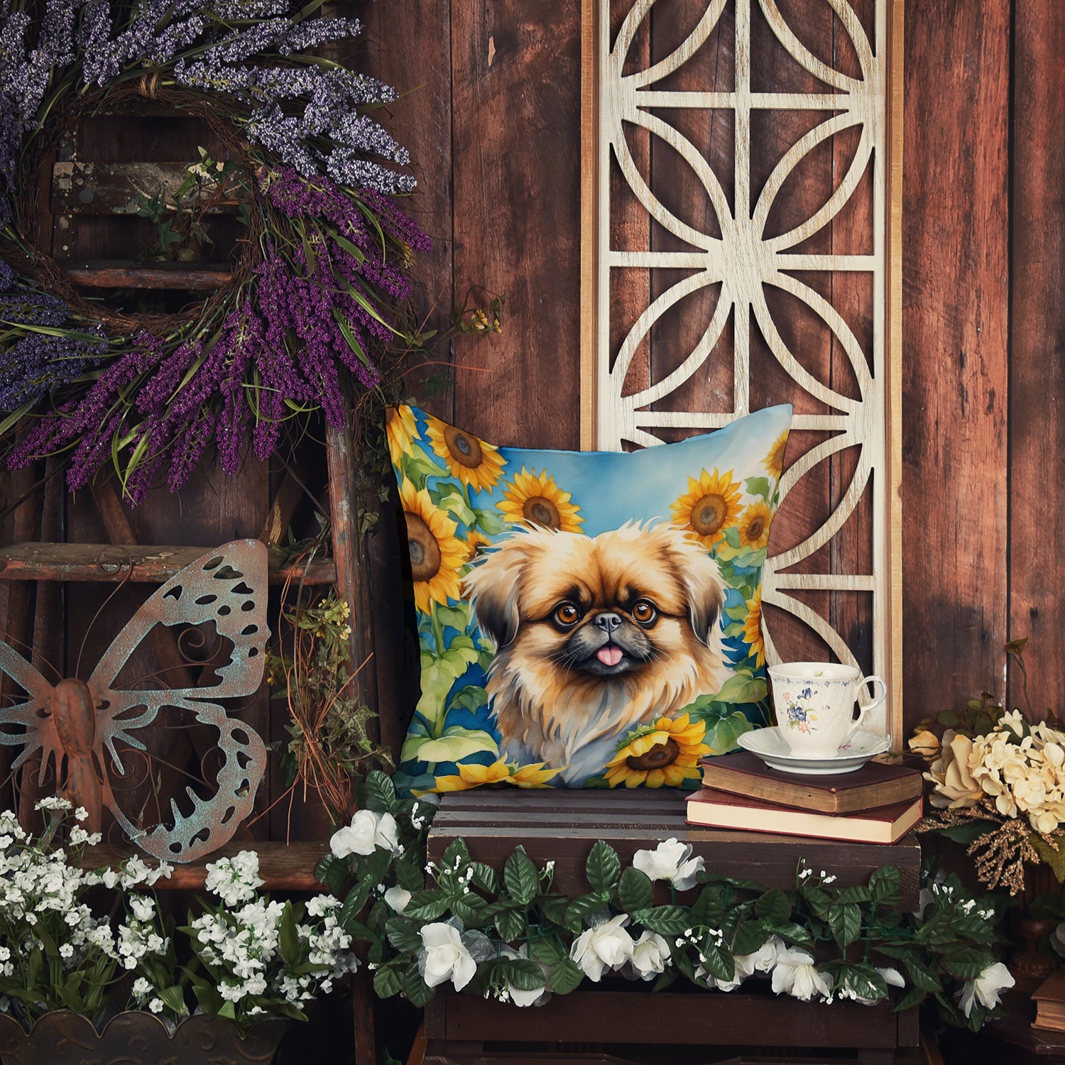 Pekingese in Sunflowers Throw Pillow