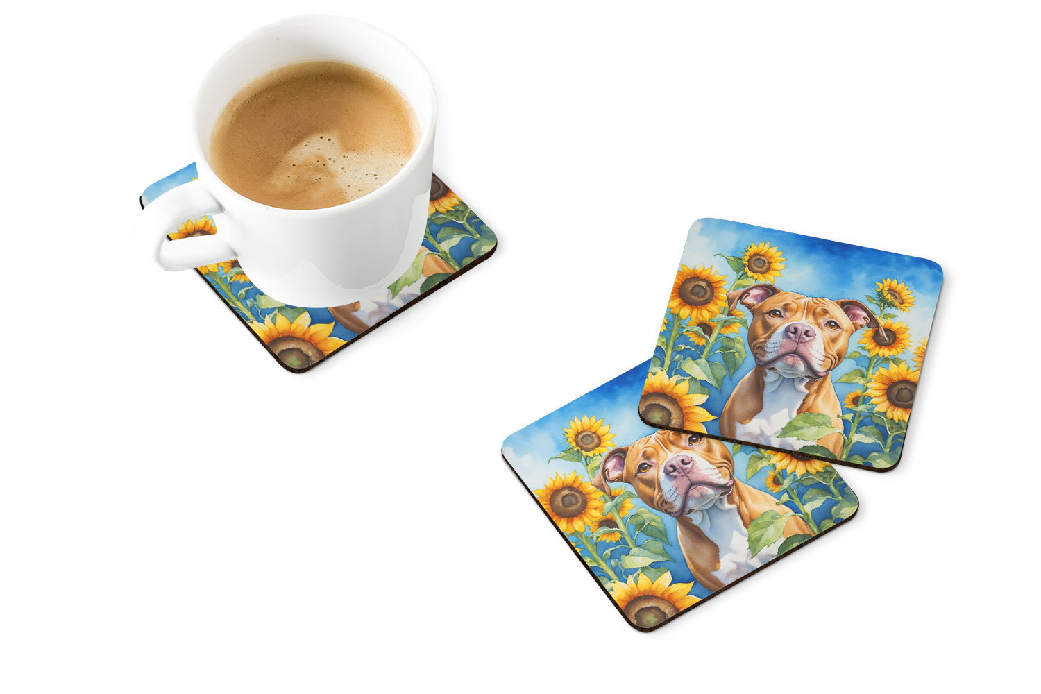 Buy this Pit Bull Terrier in Sunflowers Foam Coasters