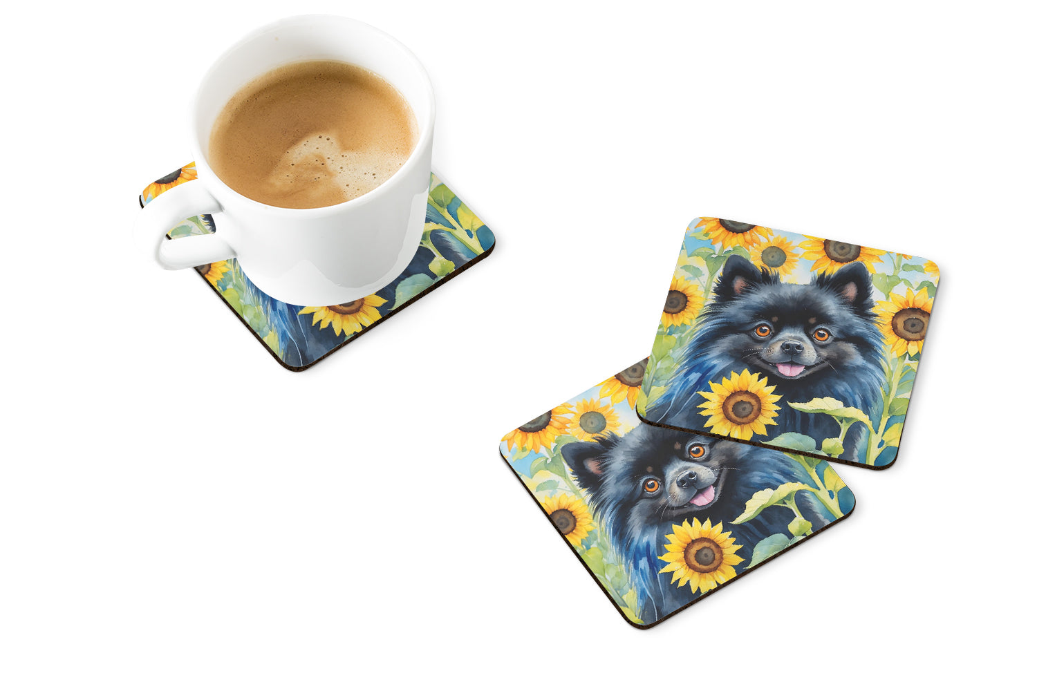 Pomeranian in Sunflowers Foam Coasters