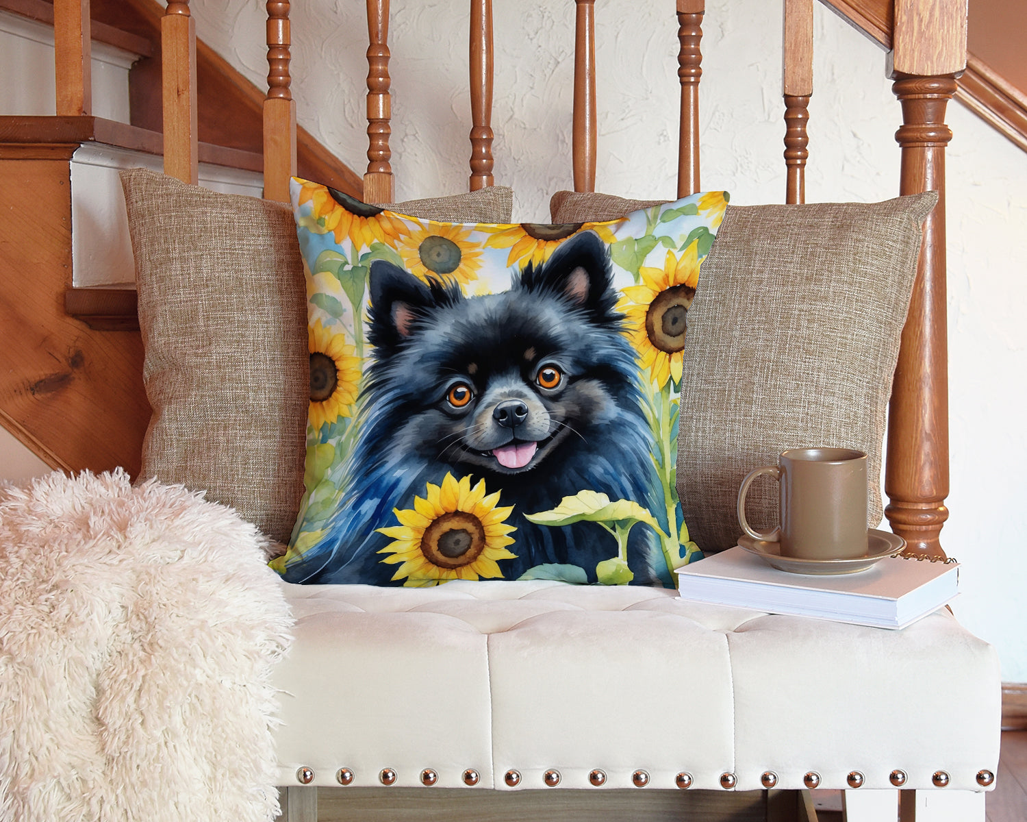 Pomeranian in Sunflowers Throw Pillow