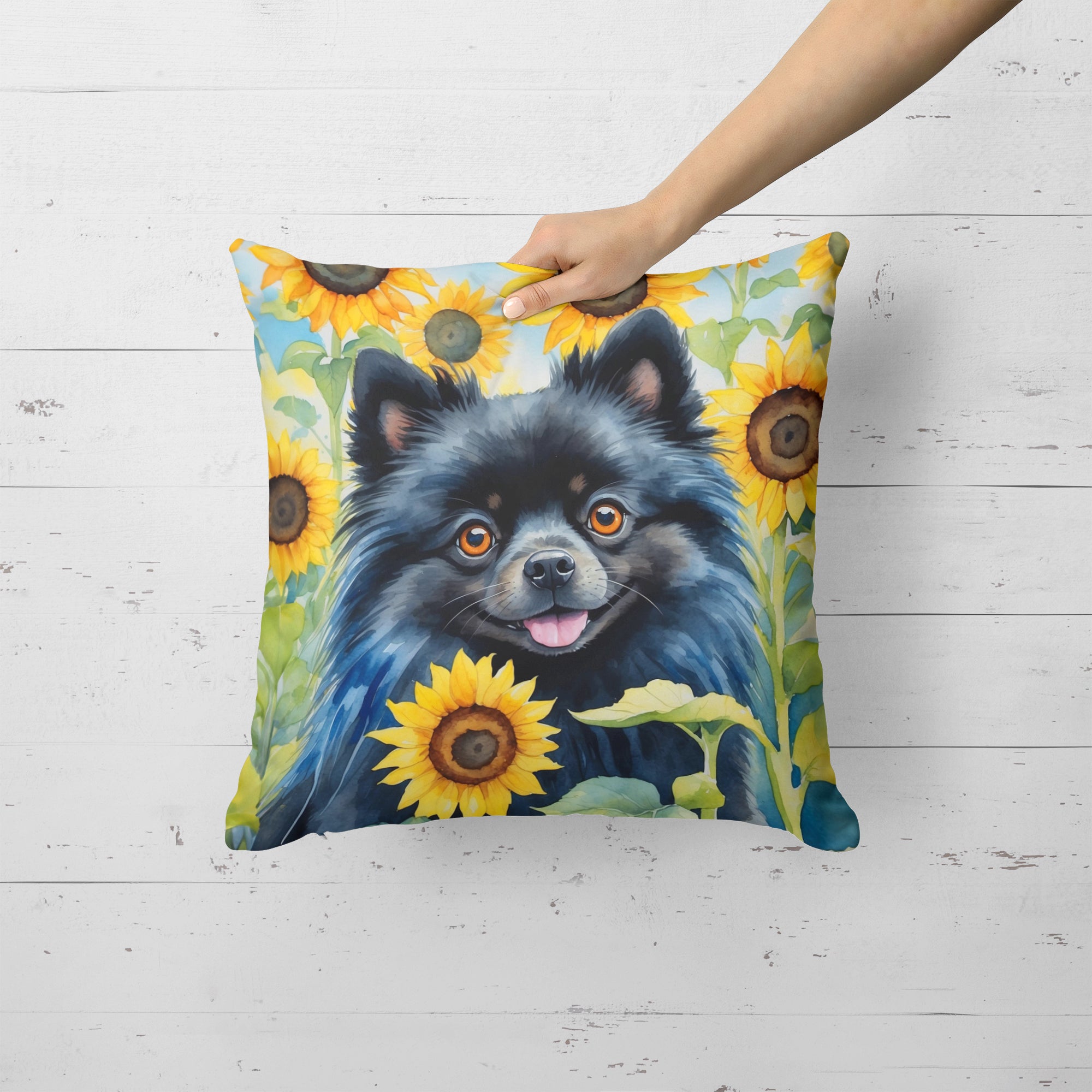 Buy this Pomeranian in Sunflowers Throw Pillow