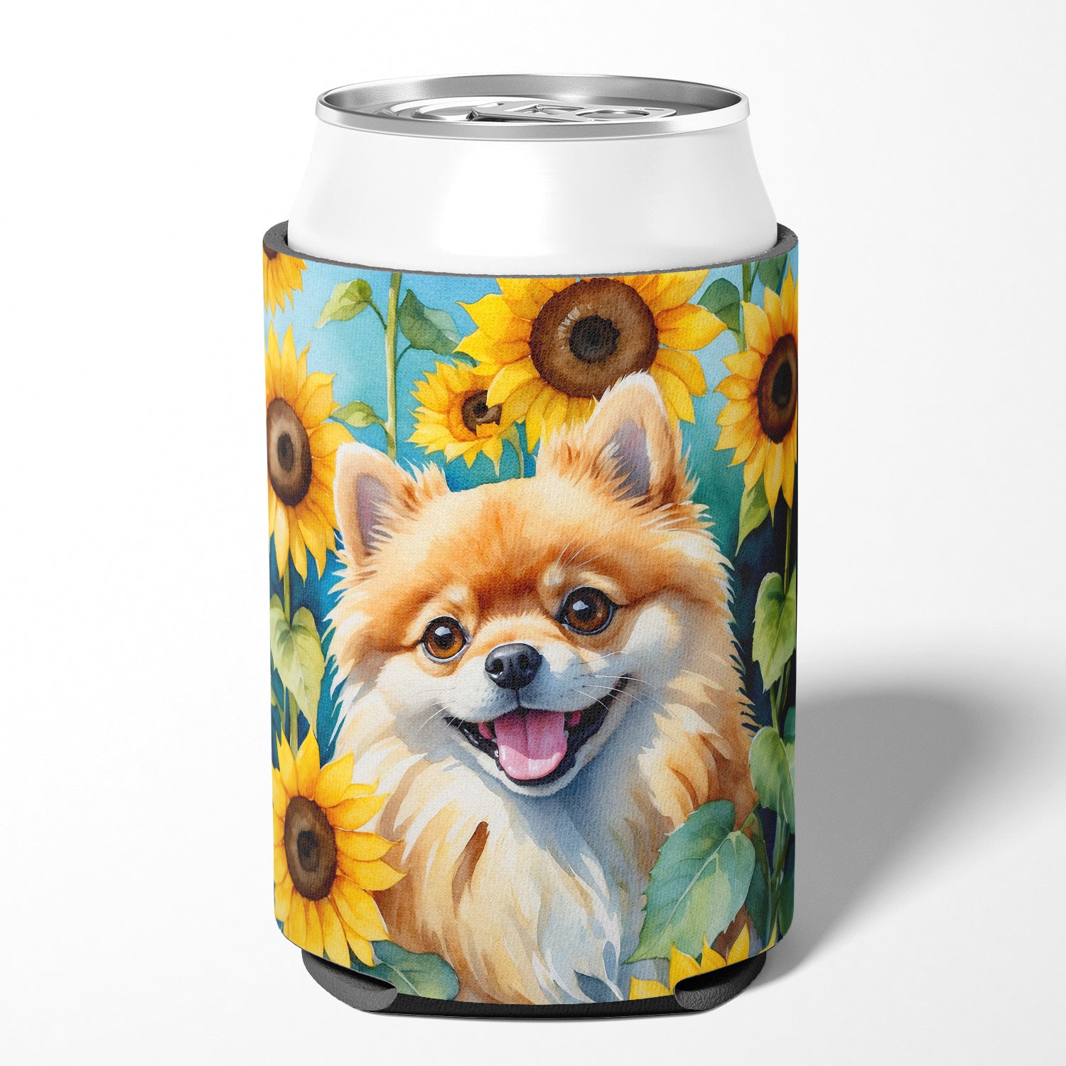 Buy this Pomeranian in Sunflowers Can or Bottle Hugger