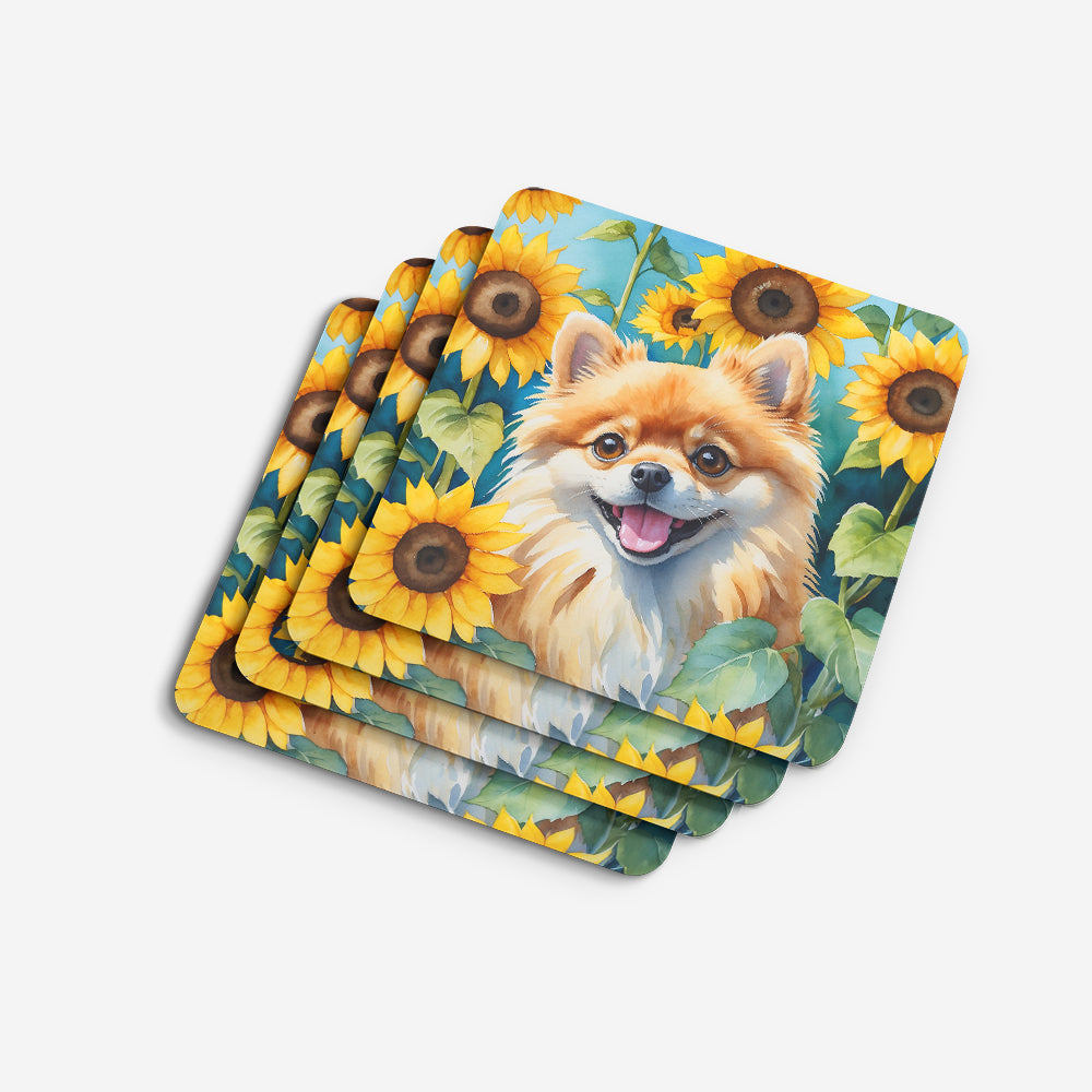 Pomeranian in Sunflowers Foam Coasters