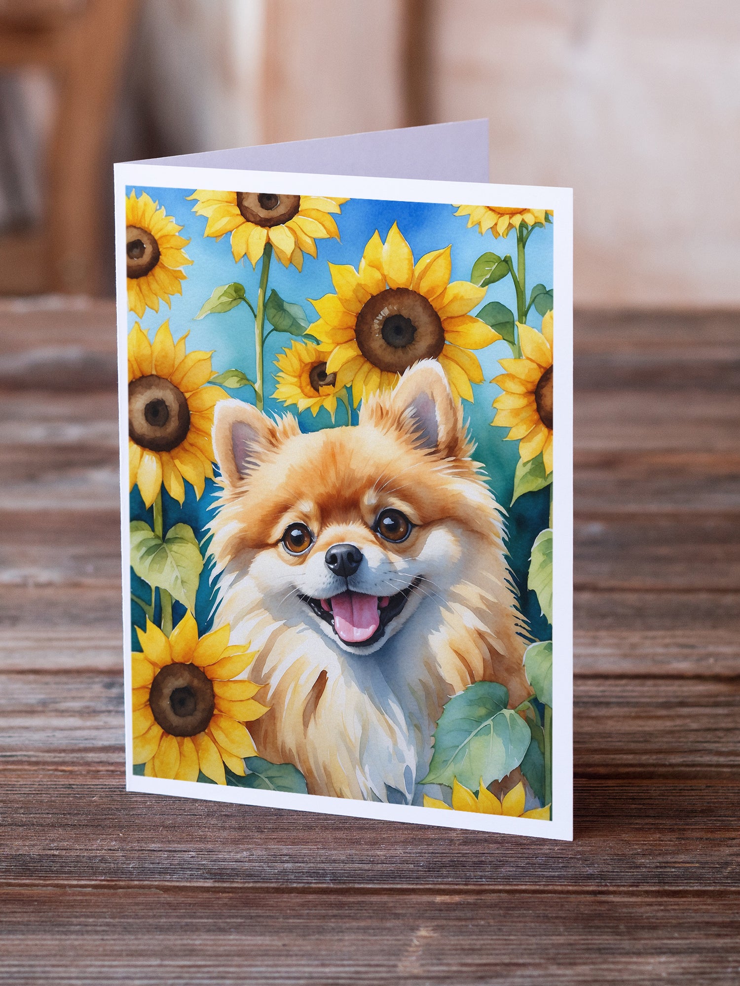 Buy this Pomeranian in Sunflowers Greeting Cards Pack of 8