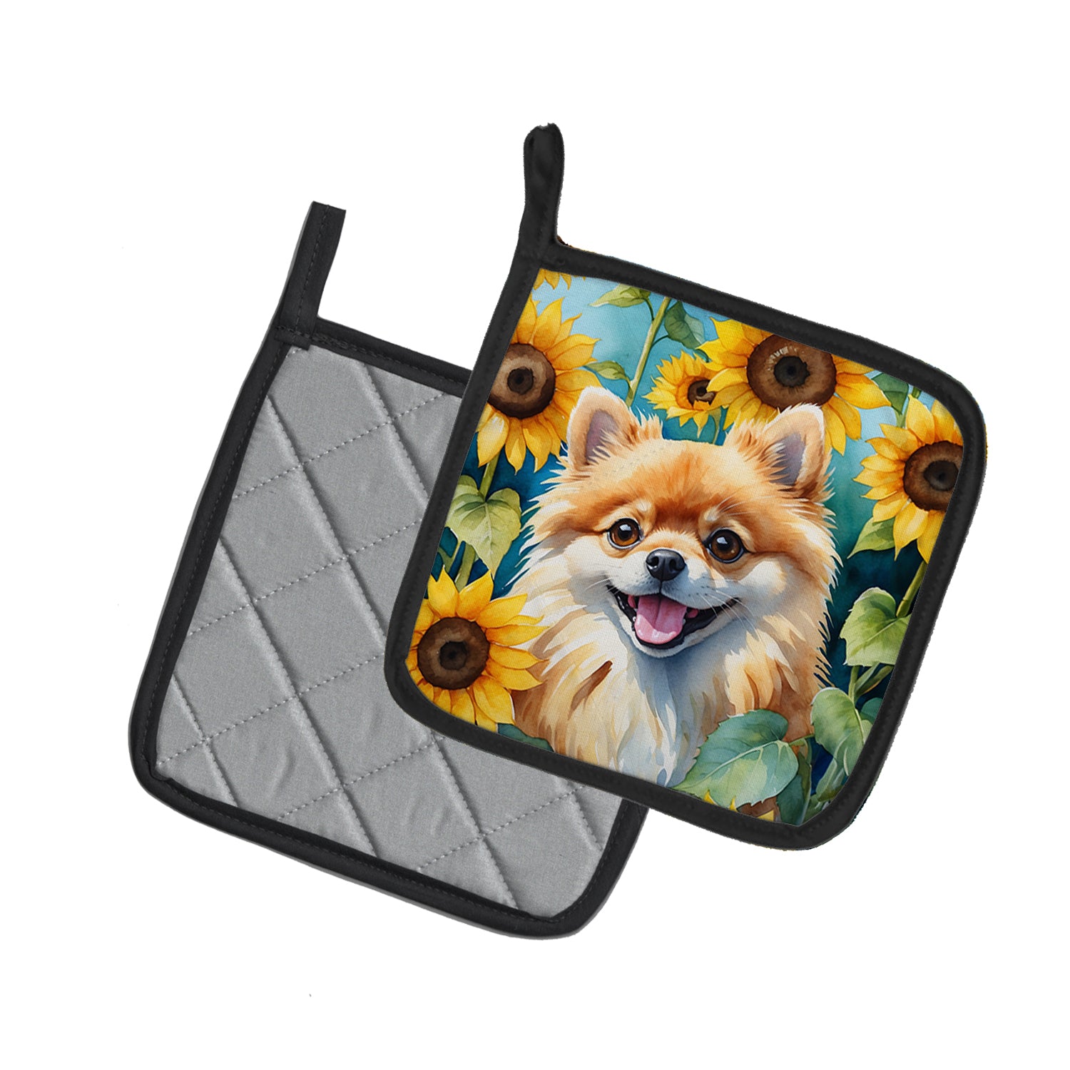 Pomeranian in Sunflowers Pair of Pot Holders