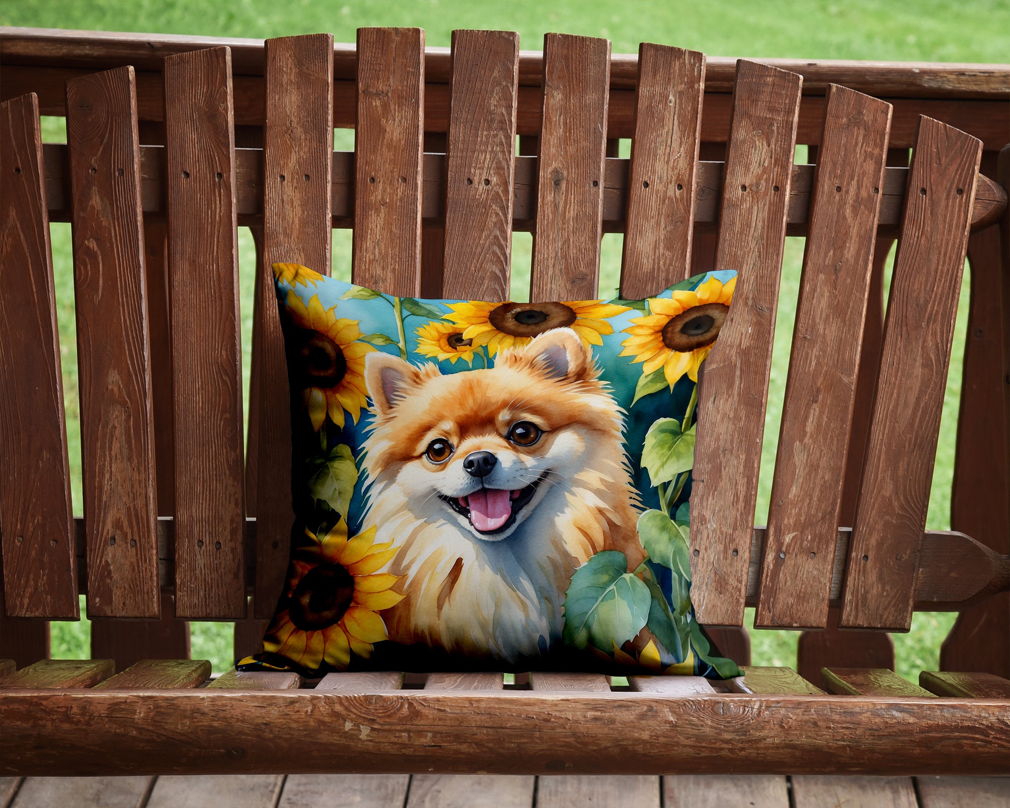 Buy this Pomeranian in Sunflowers Throw Pillow