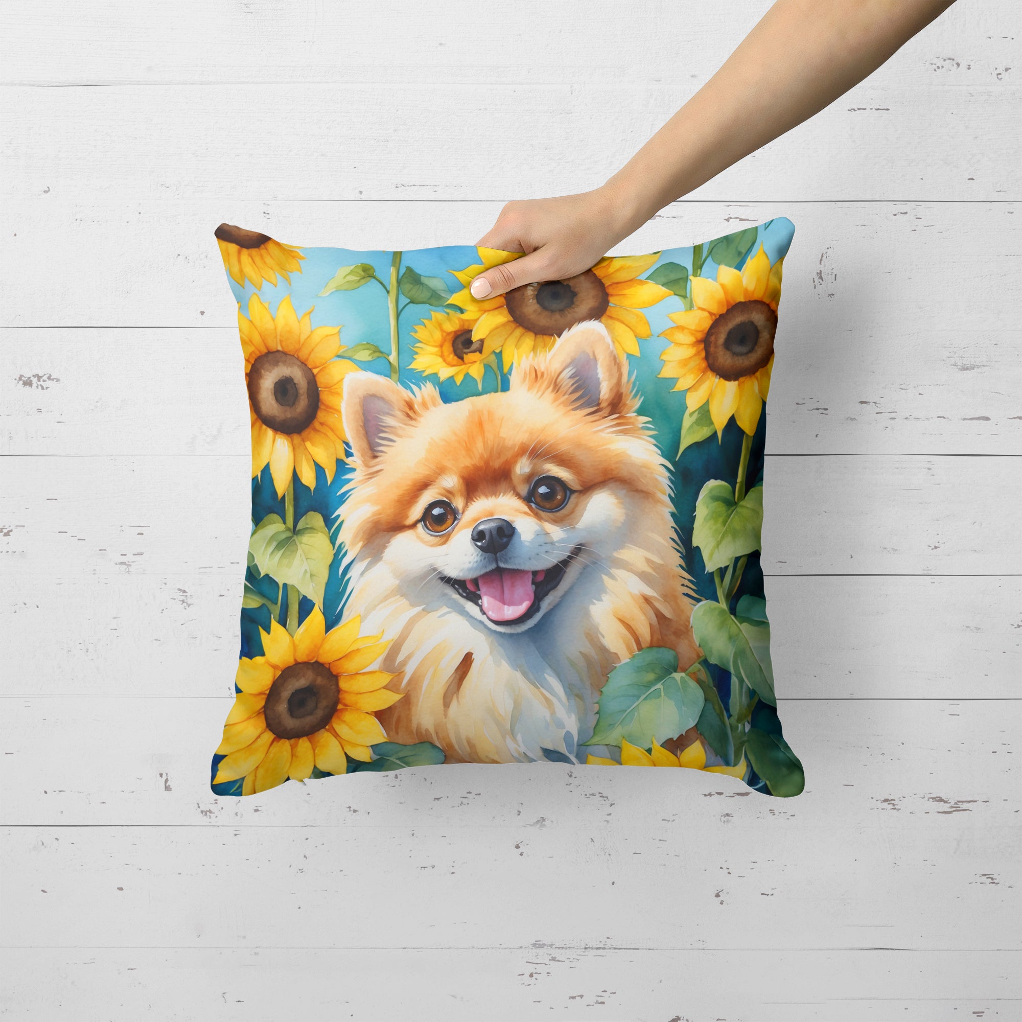 Pomeranian in Sunflowers Throw Pillow