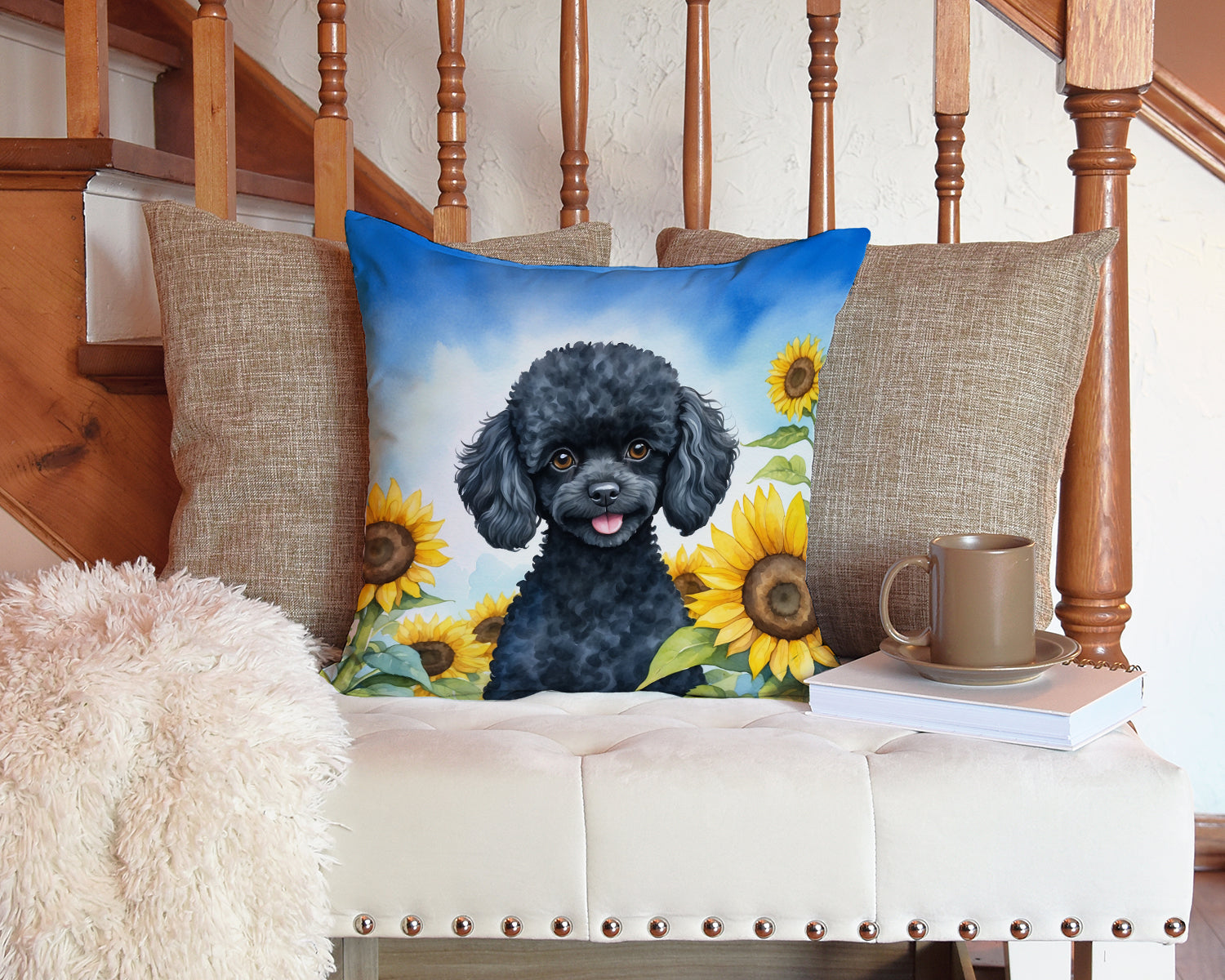 Black Poodle in Sunflowers Throw Pillow