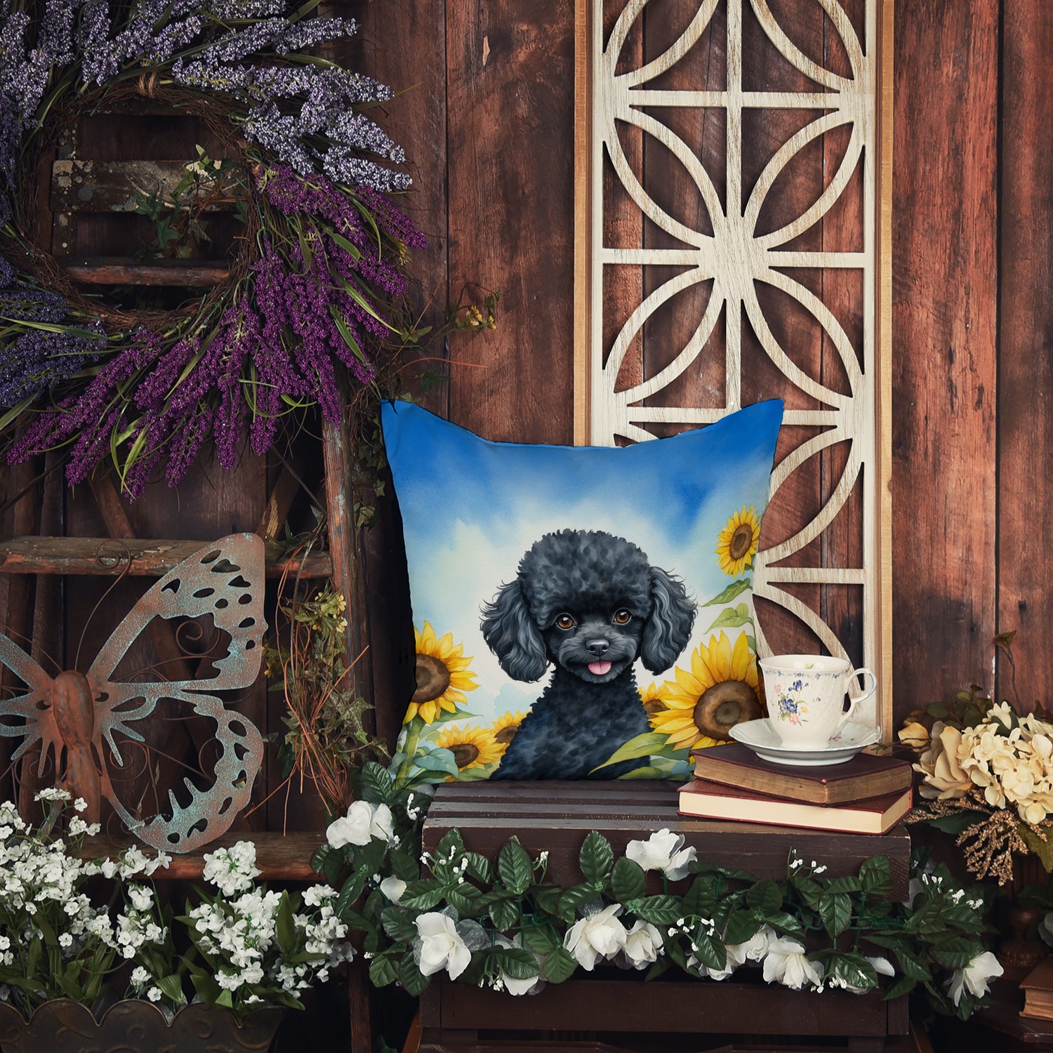 Black Poodle in Sunflowers Throw Pillow