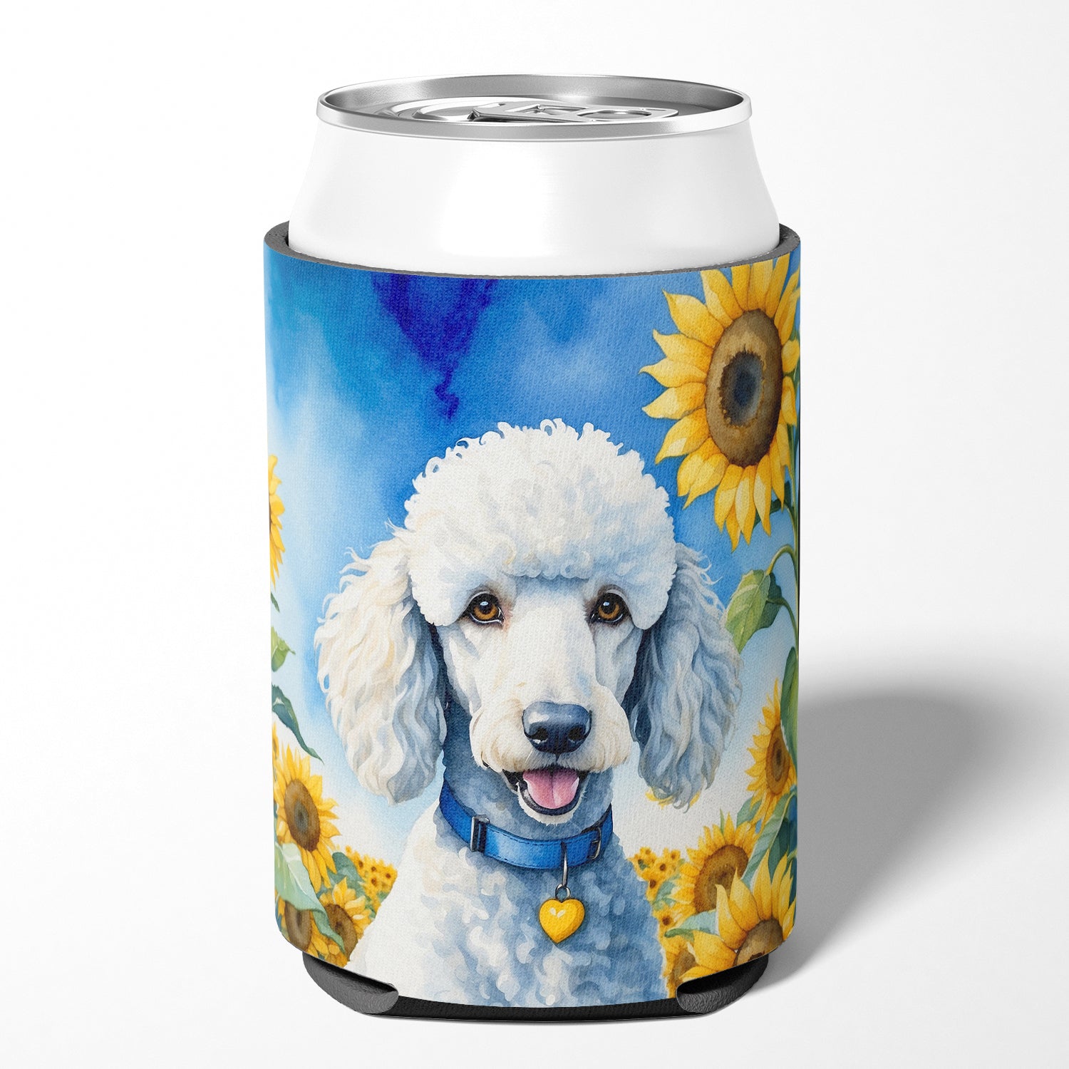 White Poodle in Sunflowers Can or Bottle Hugger