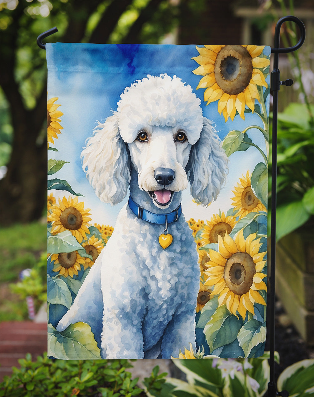 White Poodle in Sunflowers Garden Flag