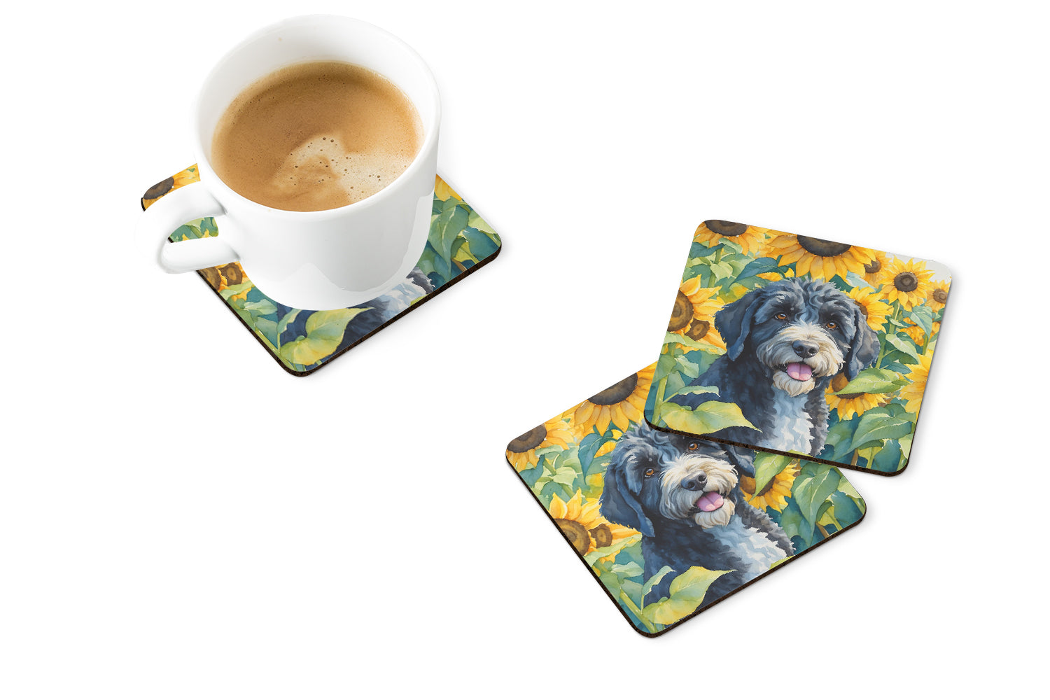 Portuguese Water Dog in Sunflowers Foam Coasters