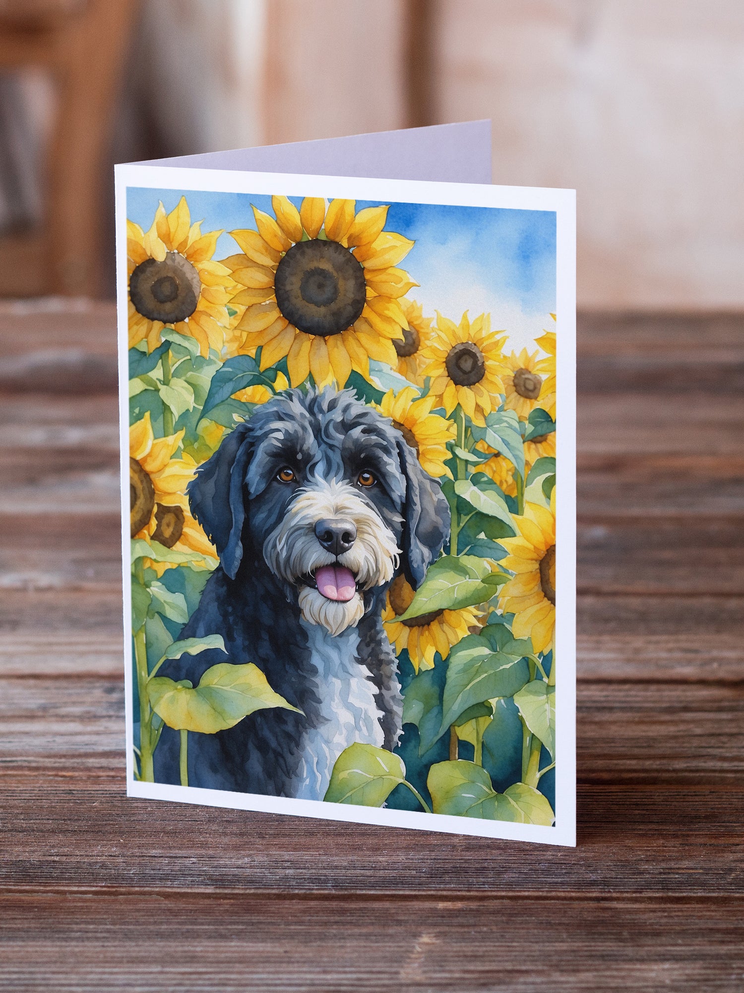 Buy this Portuguese Water Dog in Sunflowers Greeting Cards Pack of 8