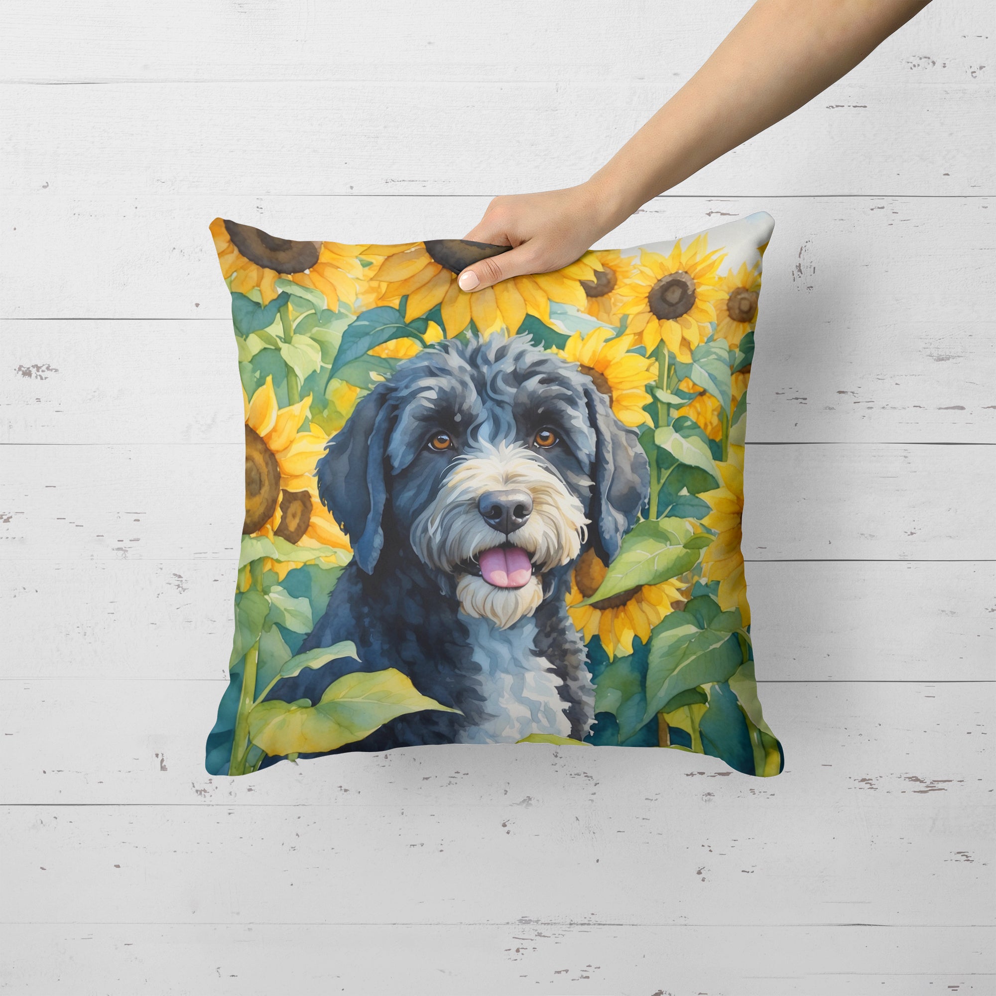 Portuguese Water Dog in Sunflowers Throw Pillow