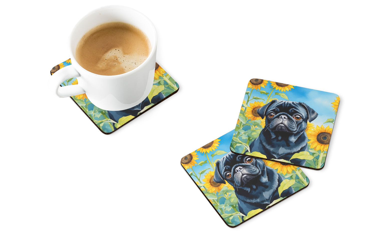 Buy this Pug in Sunflowers Foam Coasters