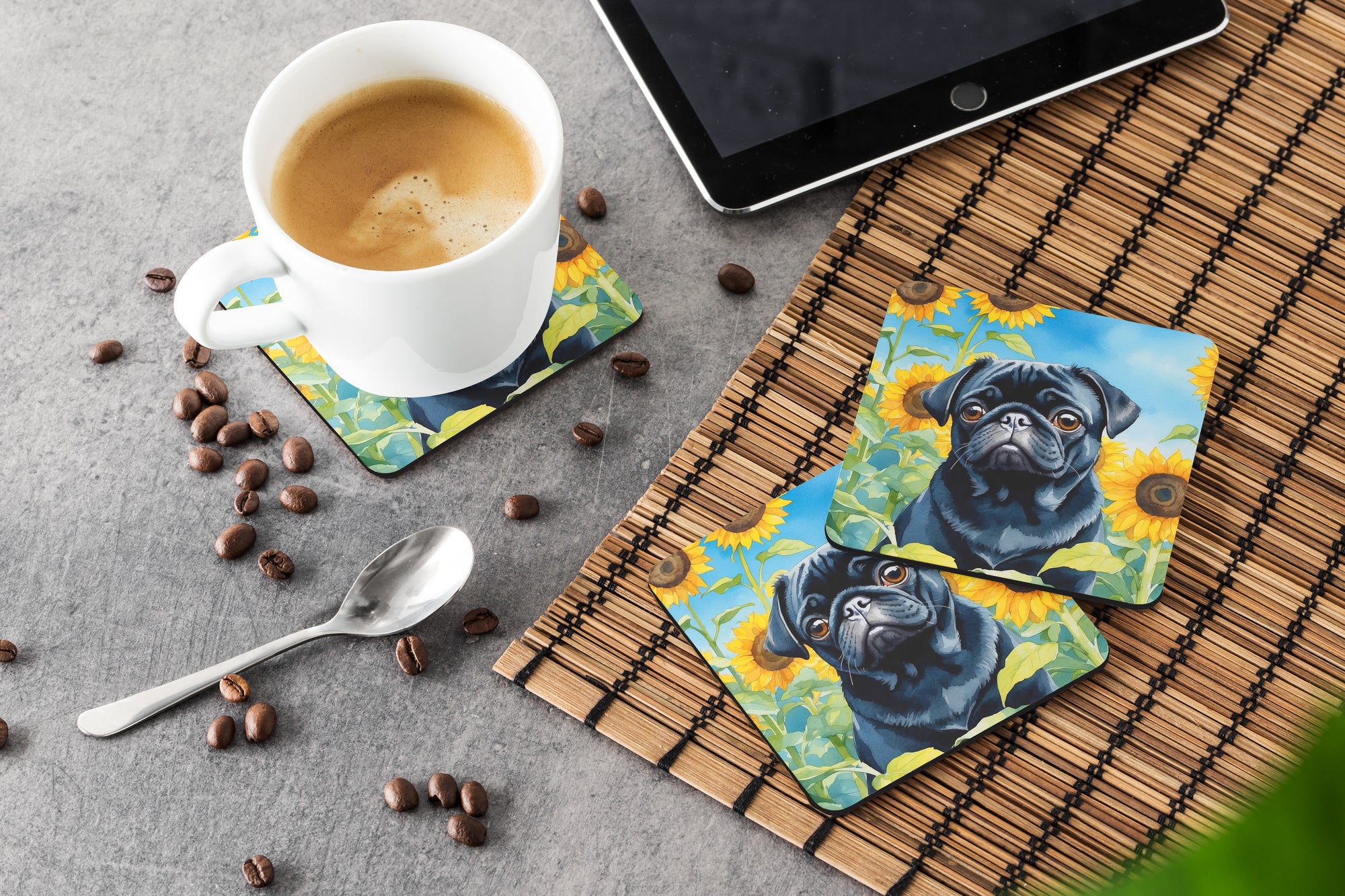 Pug in Sunflowers Foam Coasters