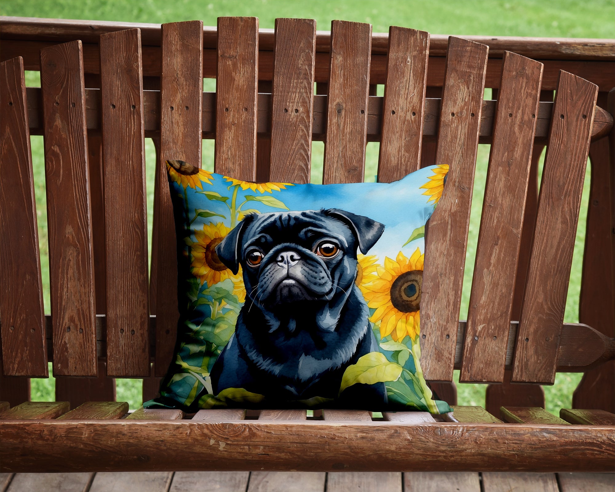 Pug in Sunflowers Throw Pillow