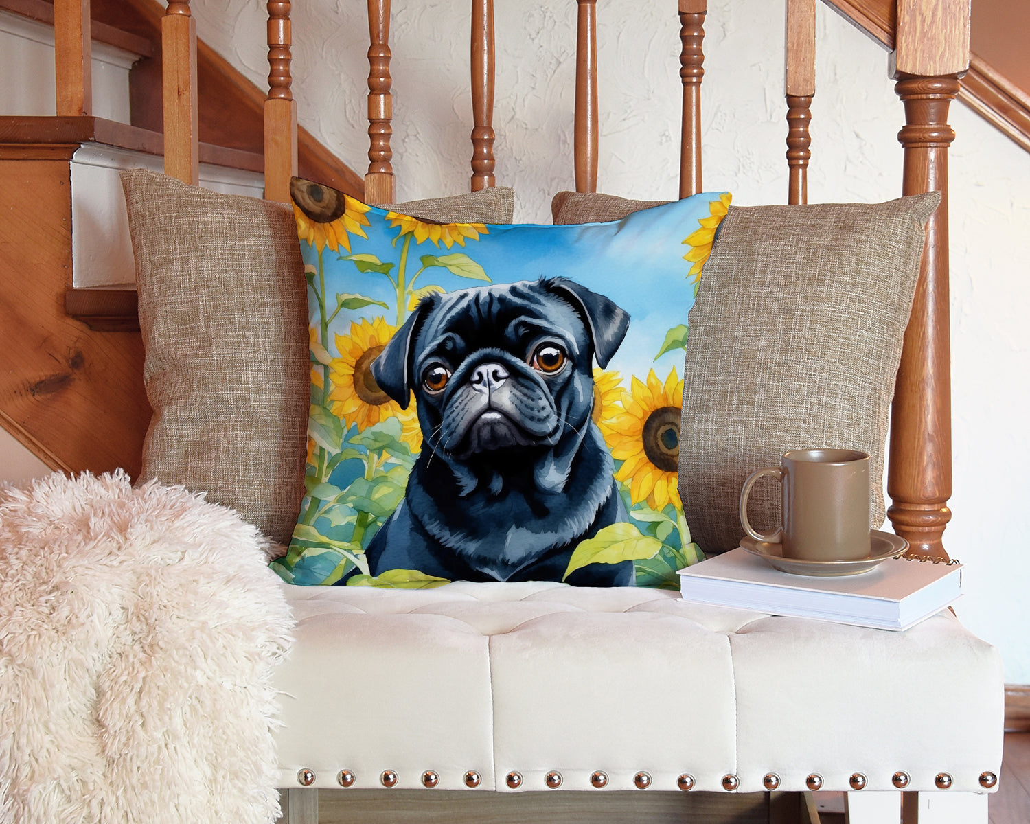 Pug in Sunflowers Throw Pillow