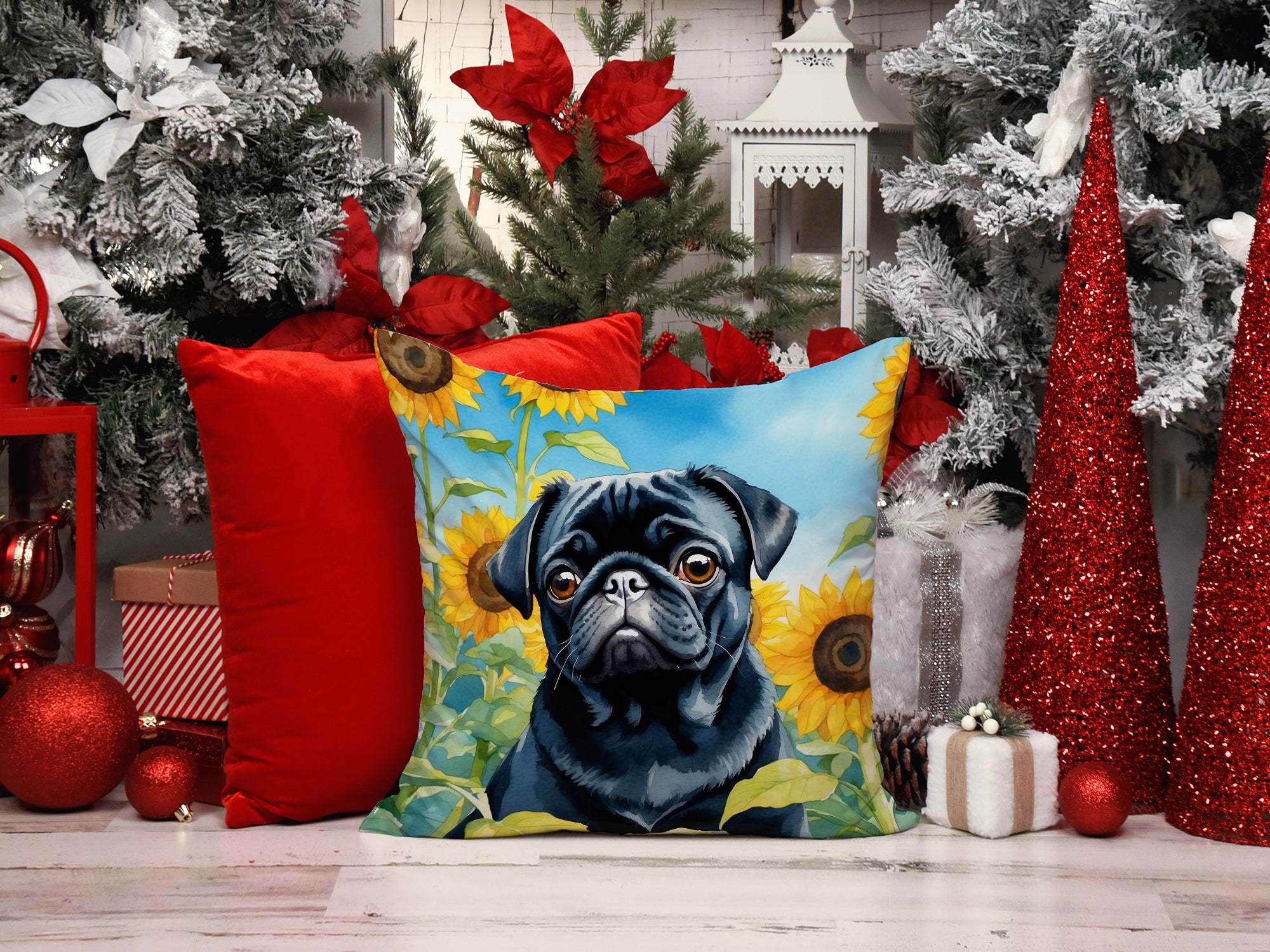 Pug in Sunflowers Throw Pillow