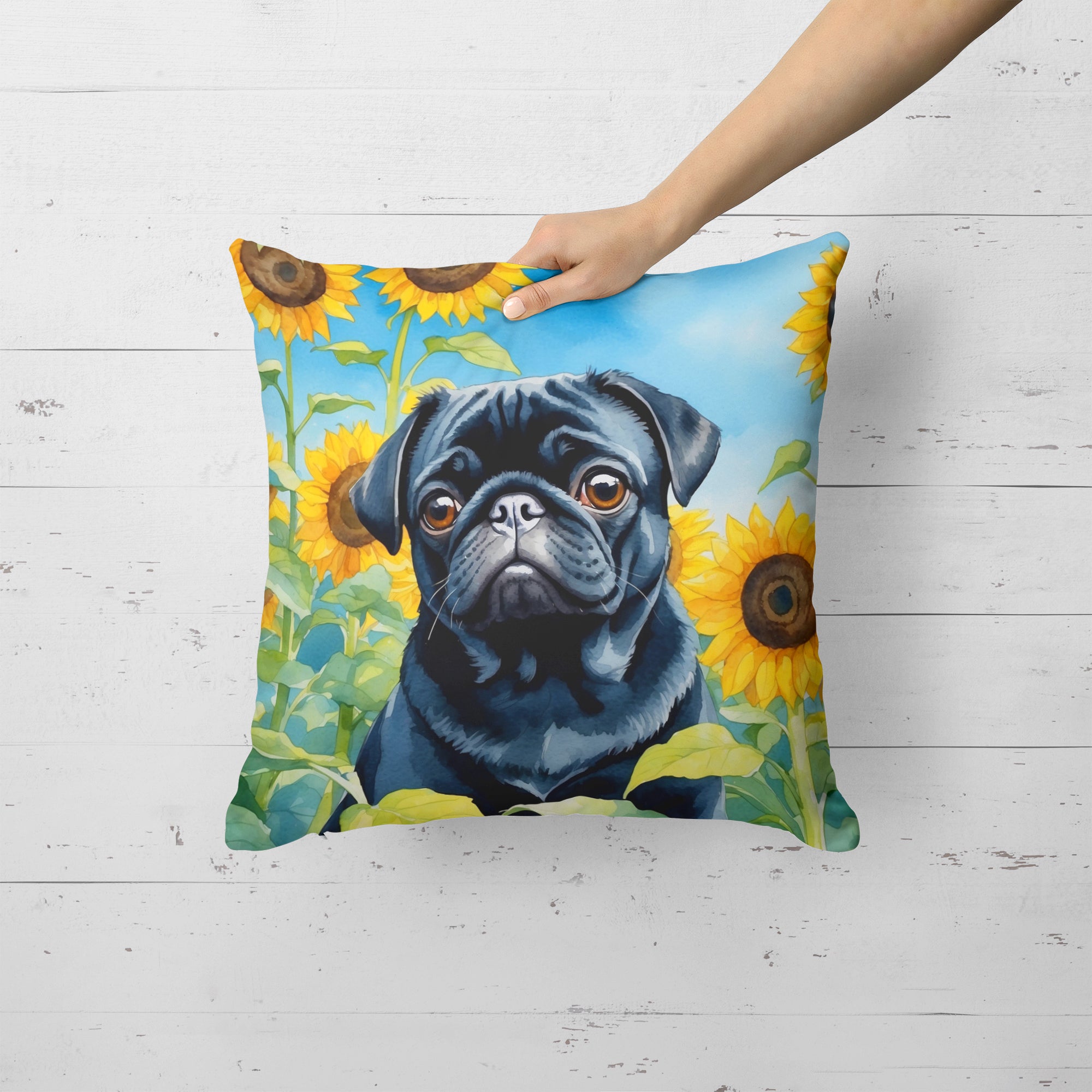 Pug in Sunflowers Throw Pillow