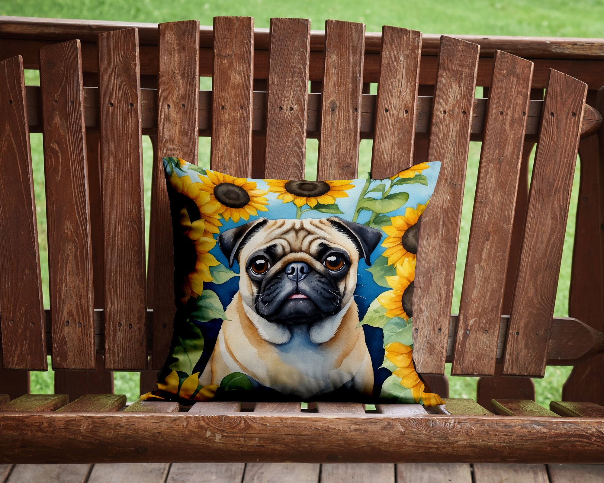 Pug in Sunflowers Throw Pillow