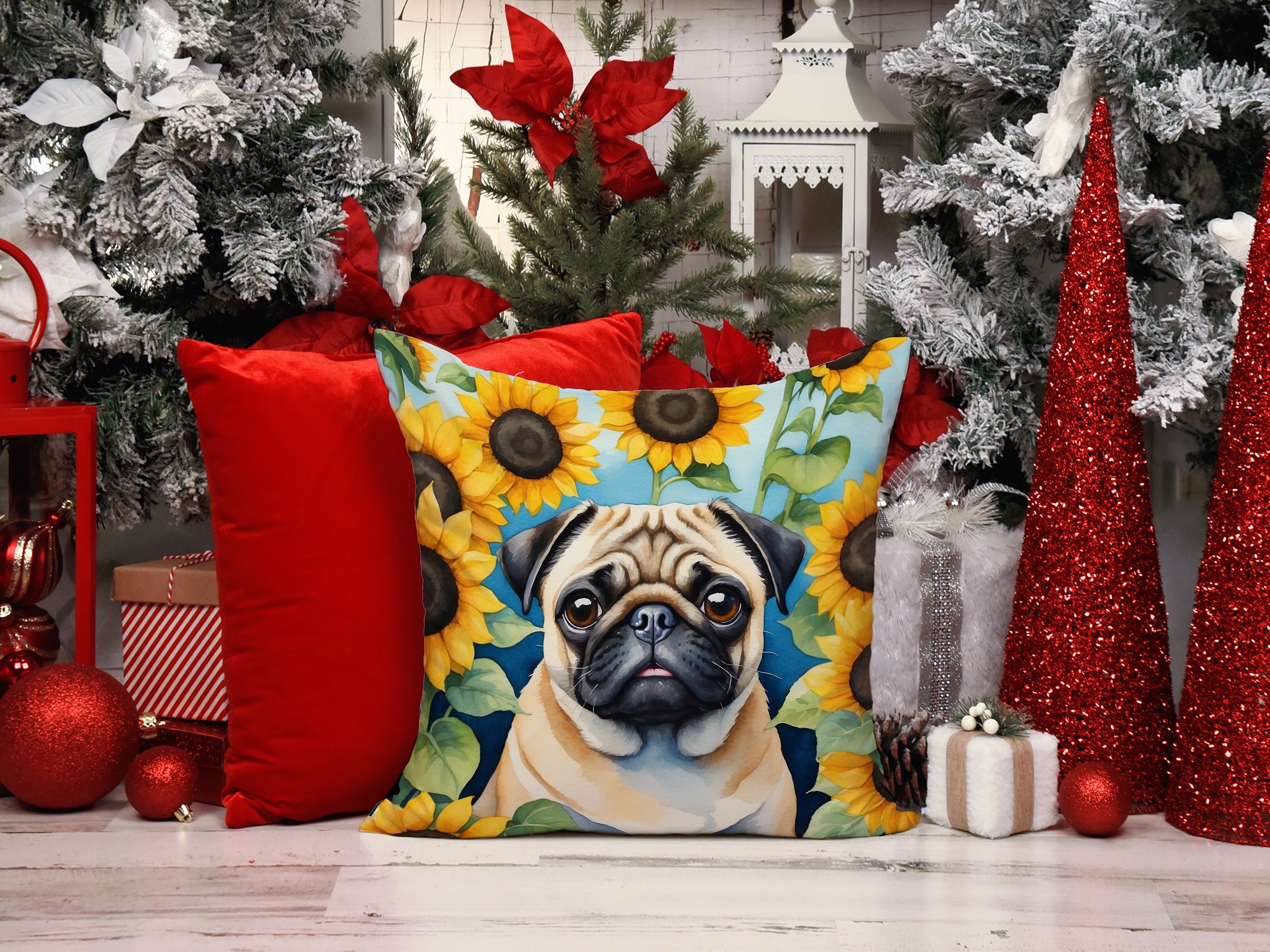 Pug in Sunflowers Throw Pillow