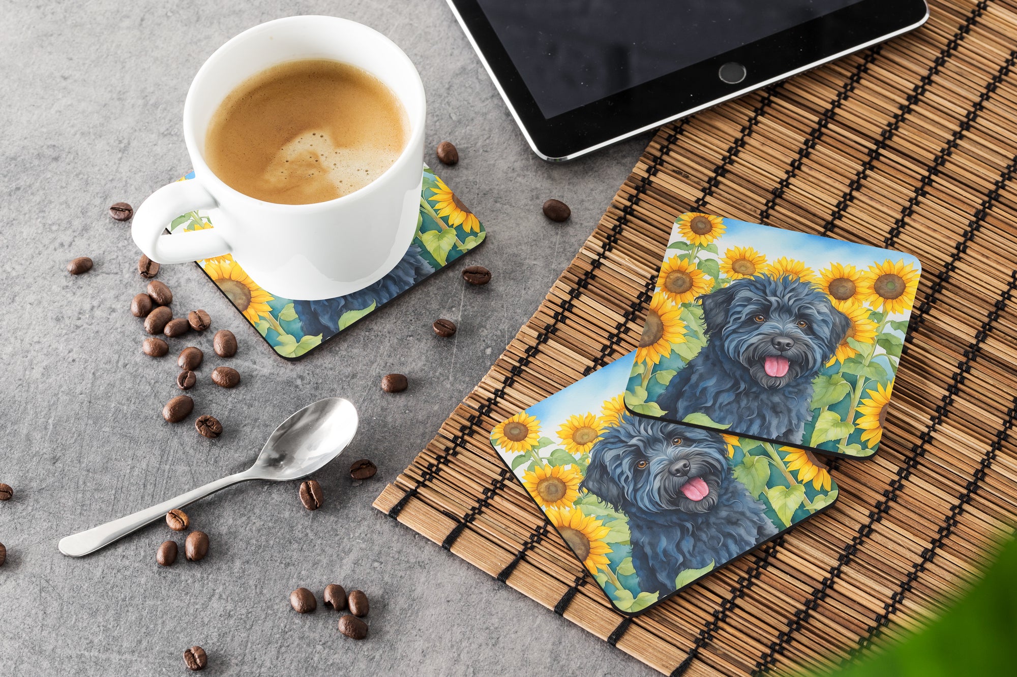 Puli in Sunflowers Foam Coasters