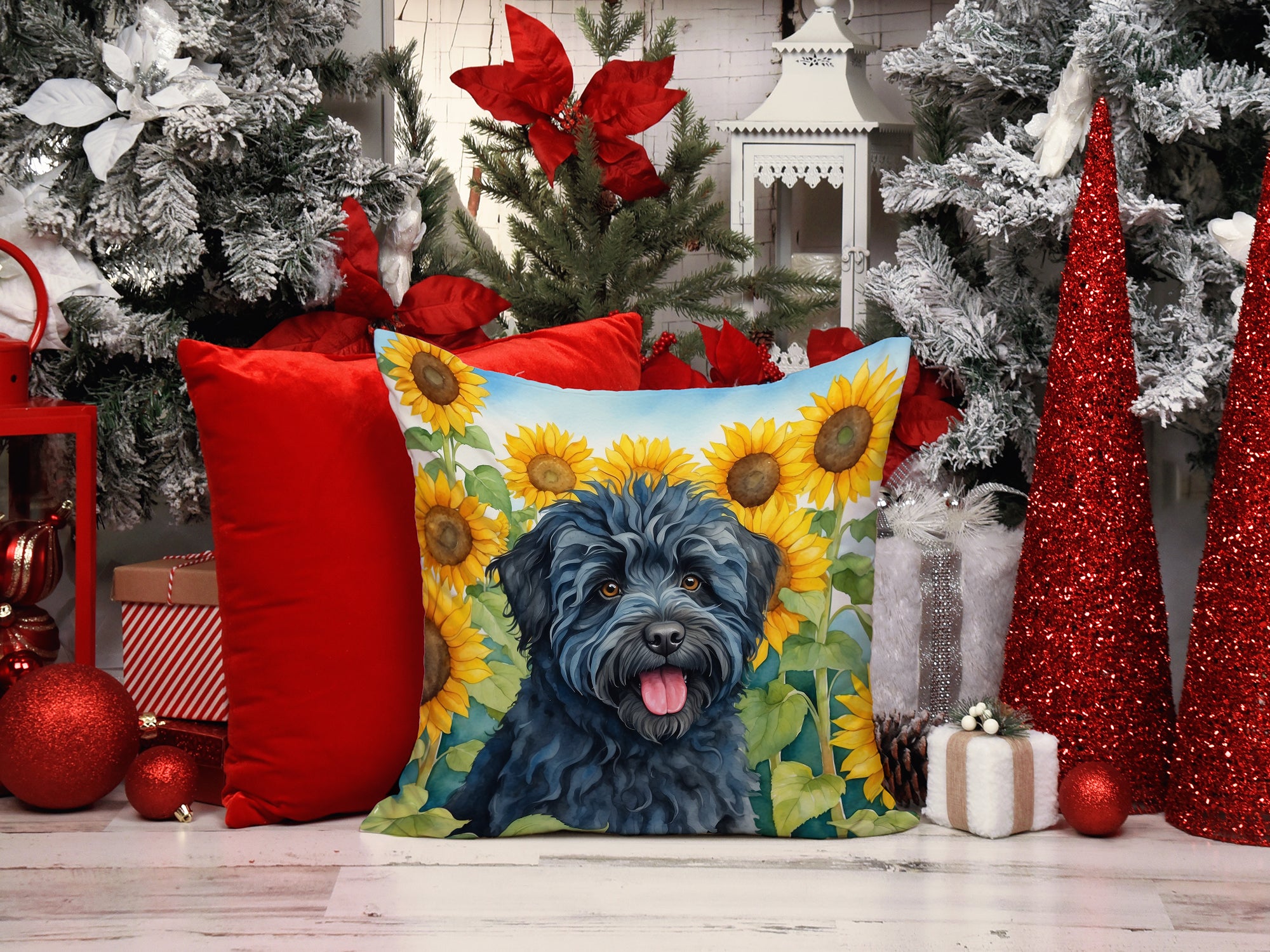 Puli in Sunflowers Throw Pillow