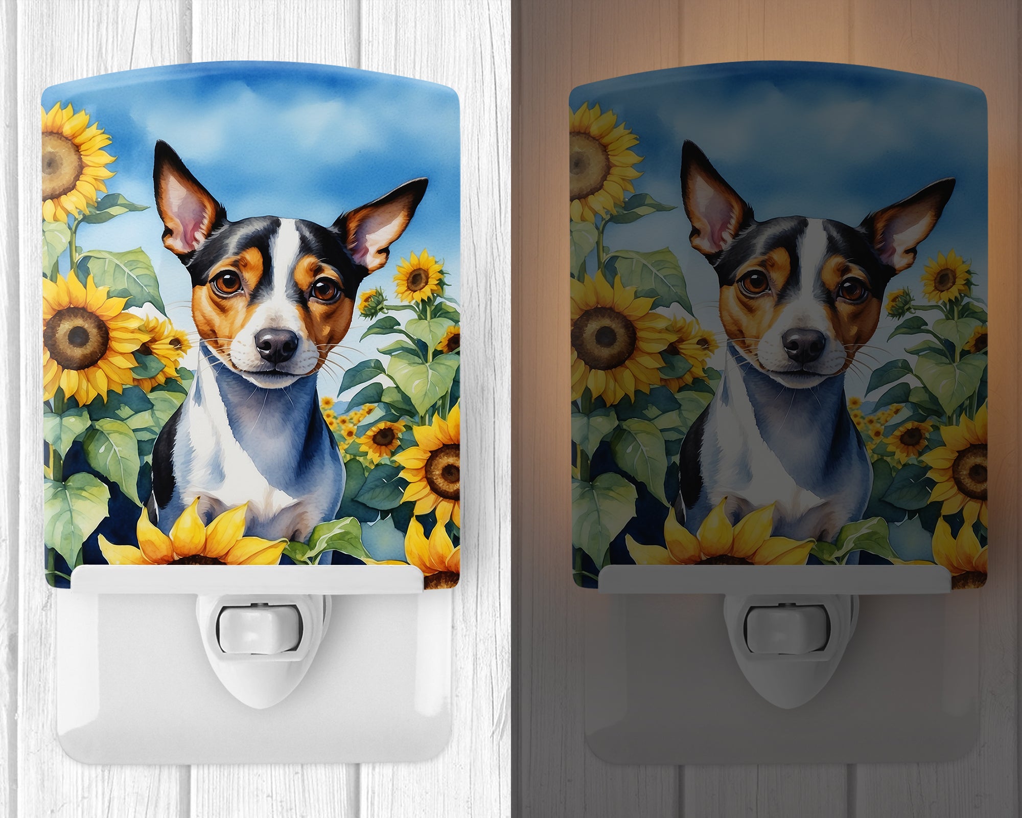 Rat Terrier in Sunflowers Ceramic Night Light