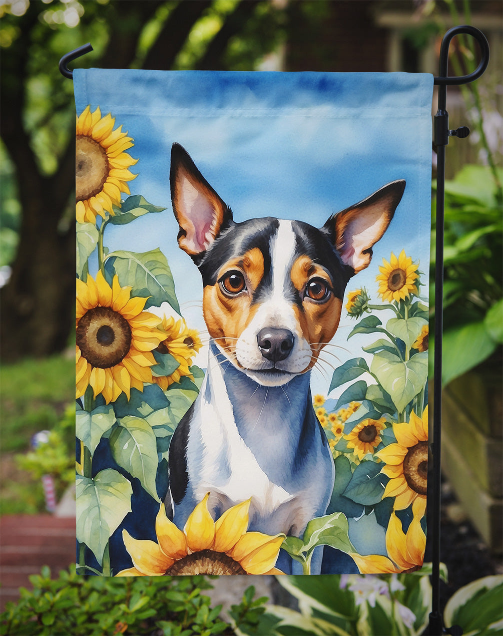 Rat Terrier in Sunflowers Garden Flag