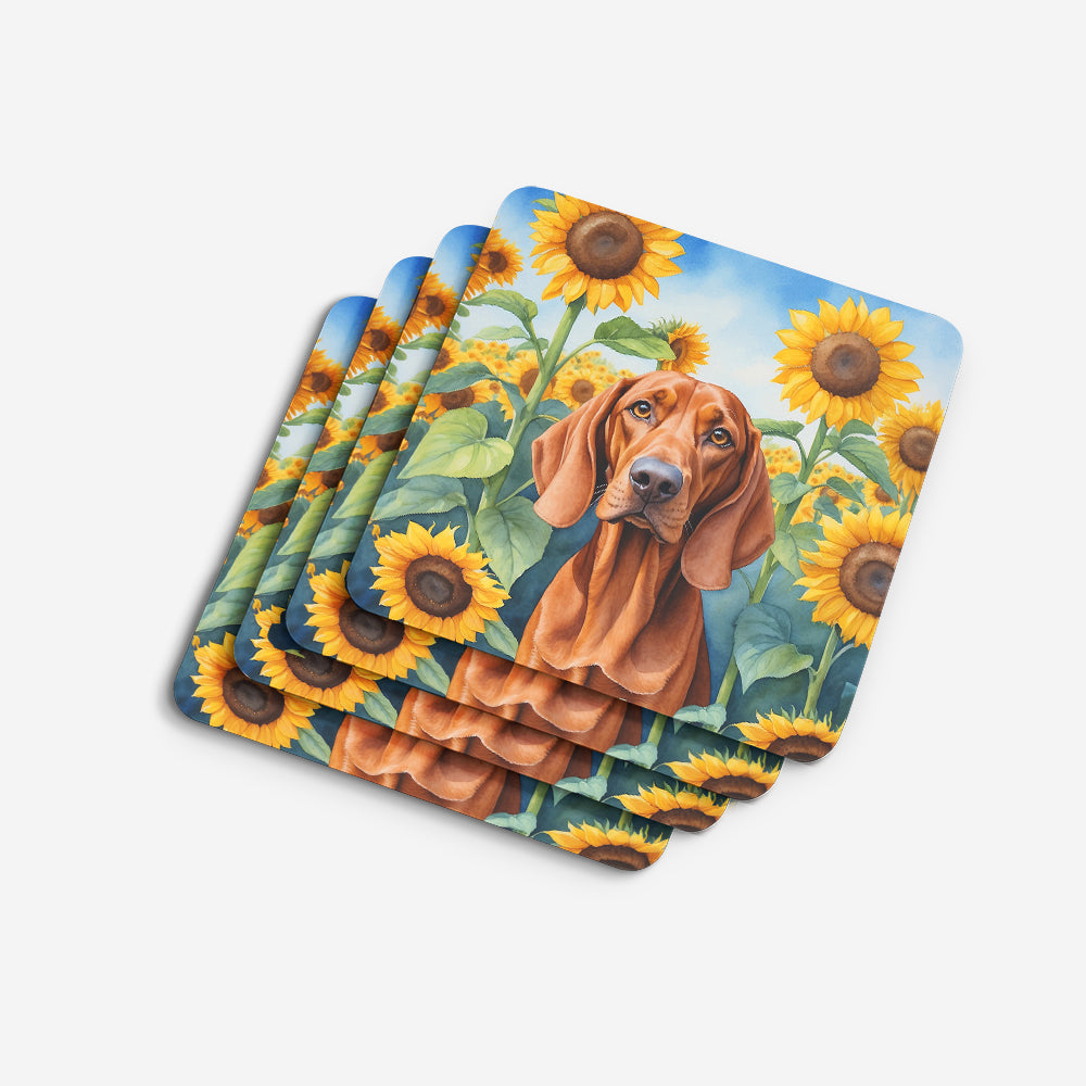 Redbone Coonhound in Sunflowers Foam Coasters