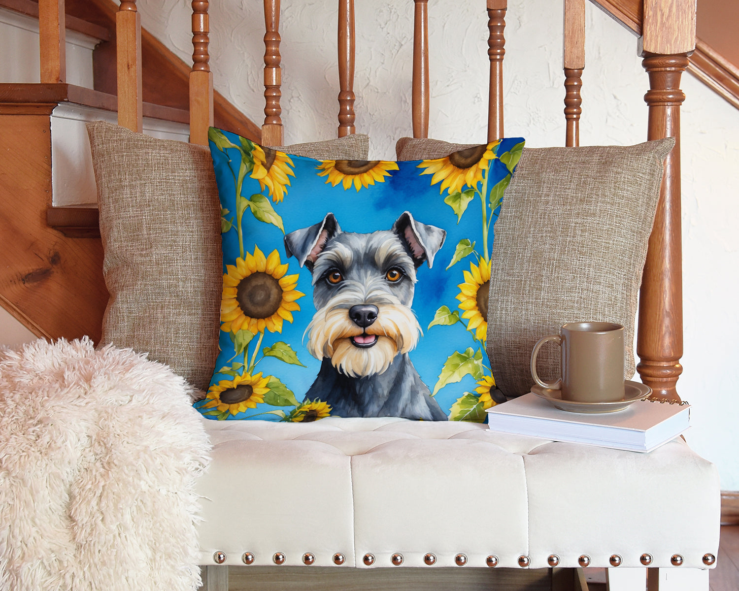 Schnauzer in Sunflowers Throw Pillow