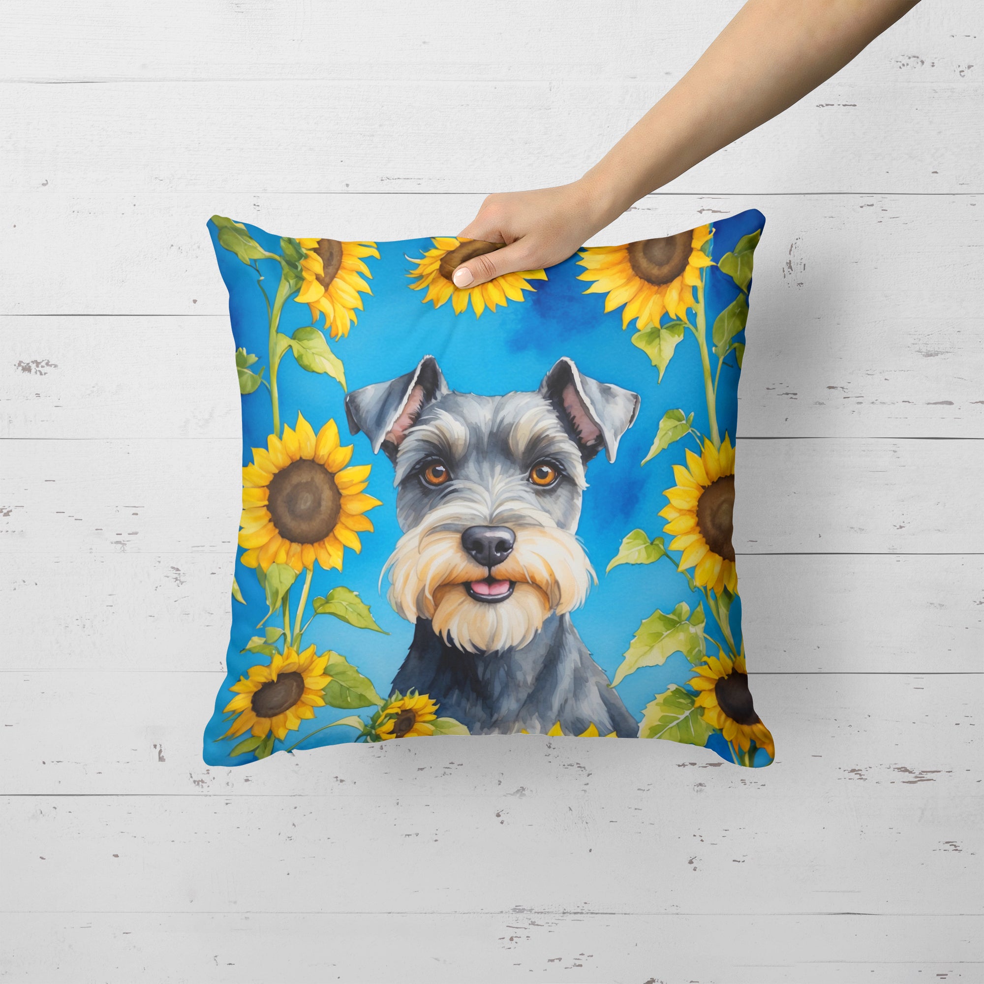 Buy this Schnauzer in Sunflowers Throw Pillow