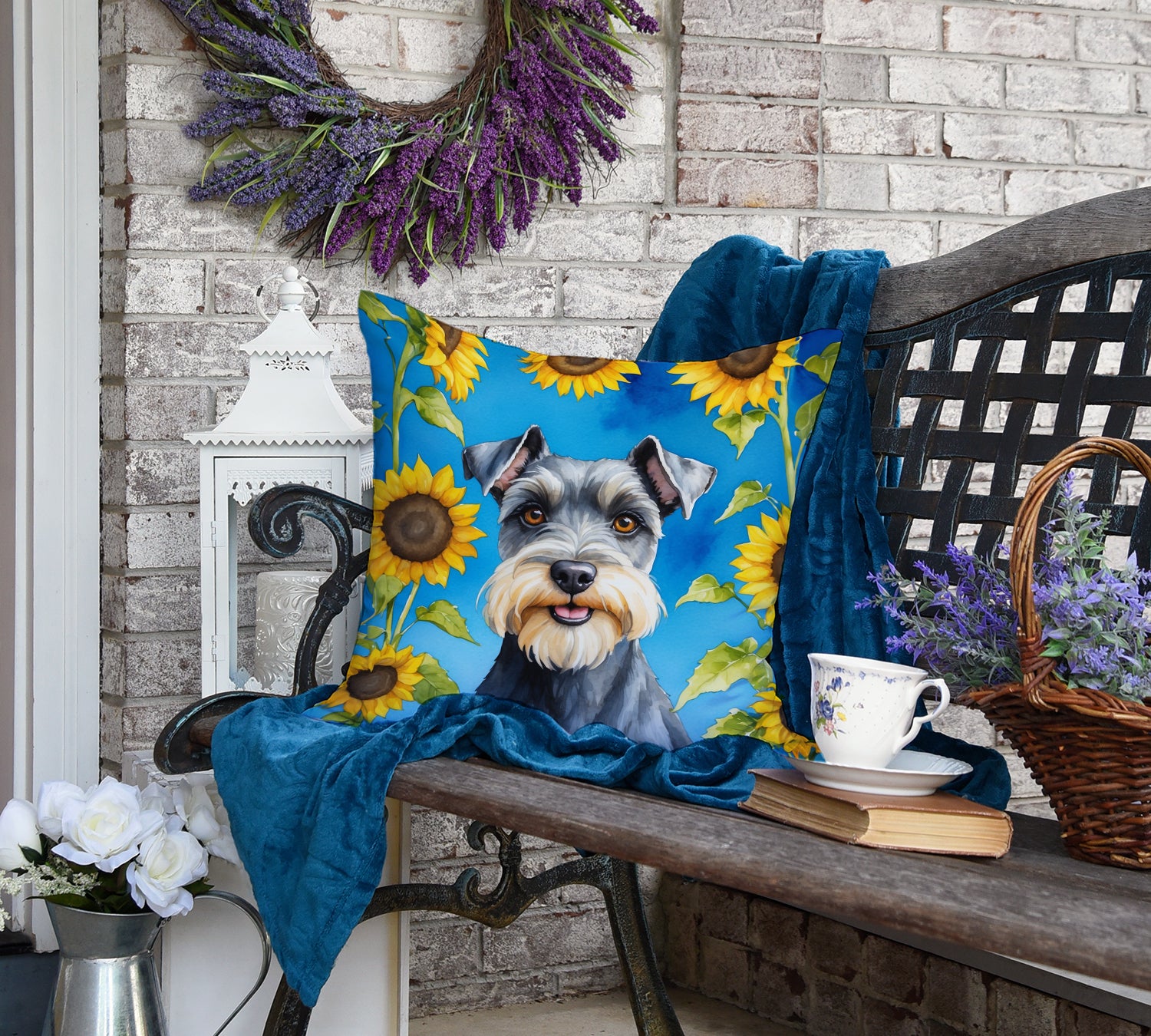 Schnauzer in Sunflowers Throw Pillow