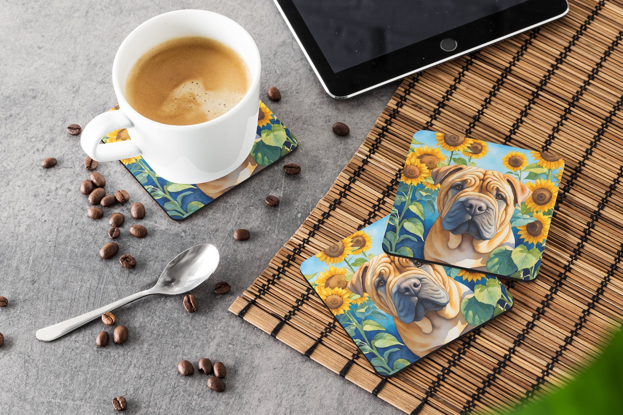 Shar Pei in Sunflowers Foam Coasters