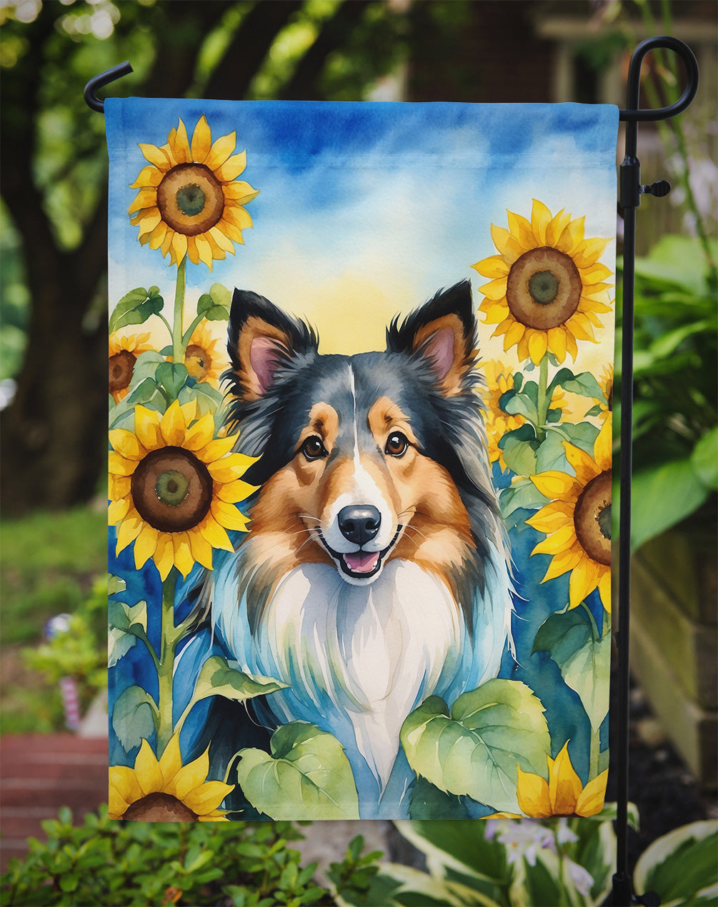 Sheltie in Sunflowers Garden Flag