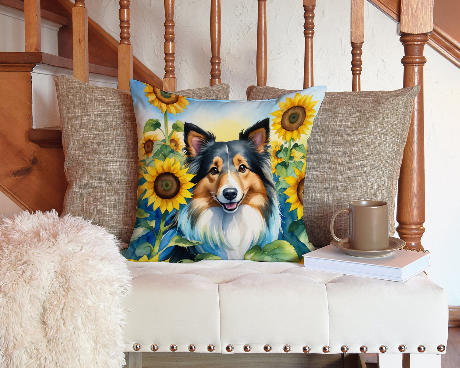 Sheltie in Sunflowers Throw Pillow