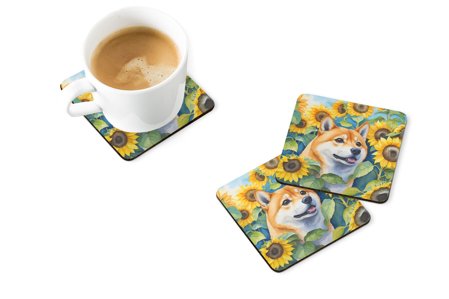 Shiba Inu in Sunflowers Foam Coasters