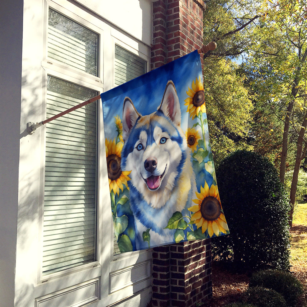 Siberian Husky in Sunflowers House Flag