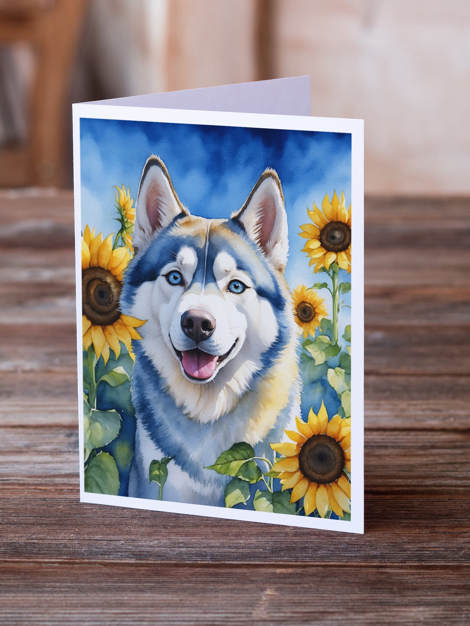 Buy this Siberian Husky in Sunflowers Greeting Cards Pack of 8